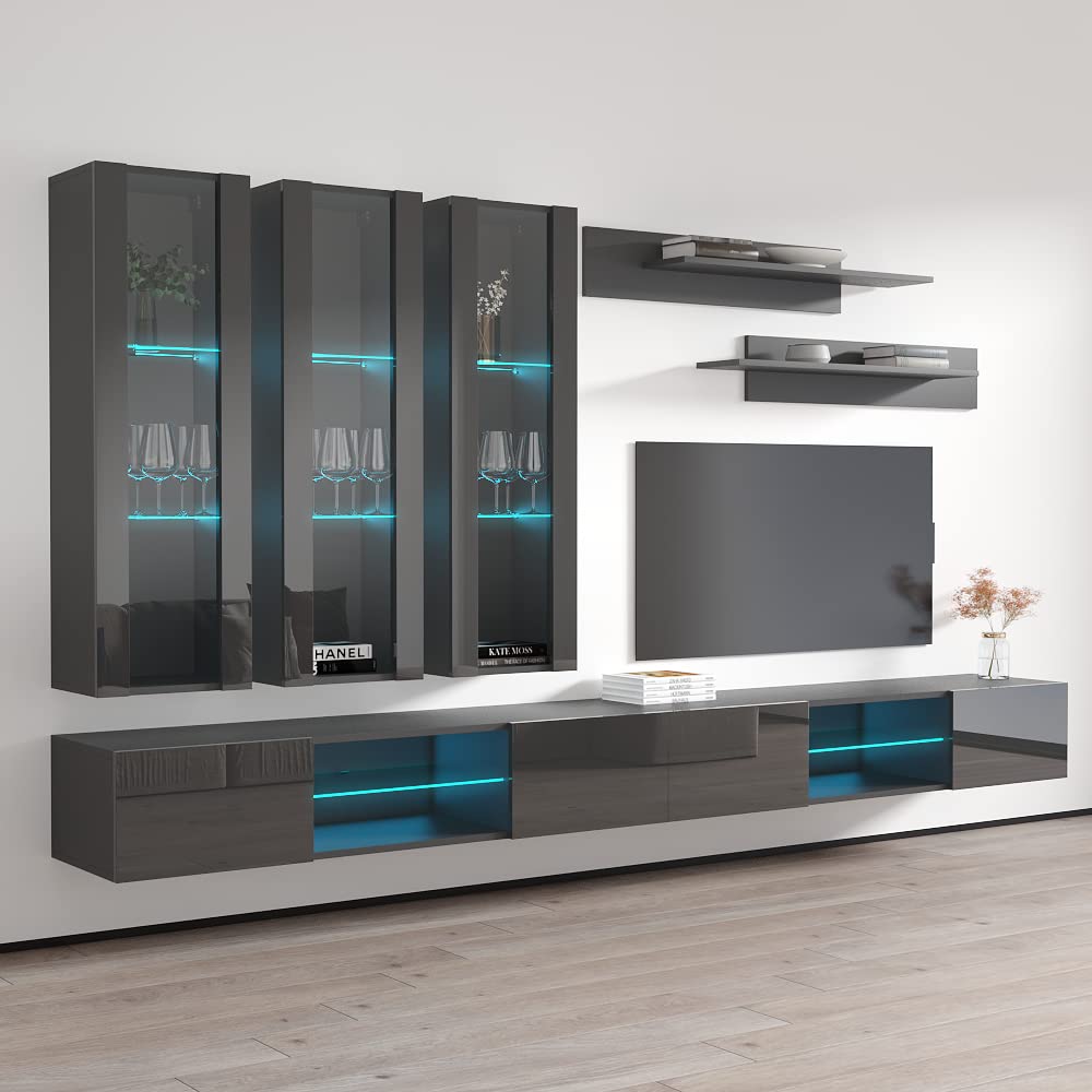 Modern Gray Wall-Mounted TV Stand with Storage Shelves & LED Lights - Fly E33 Entertainment Center Console for Living Room & Bedroom - Space-Saving Media Storage Solution for TVs up to 65