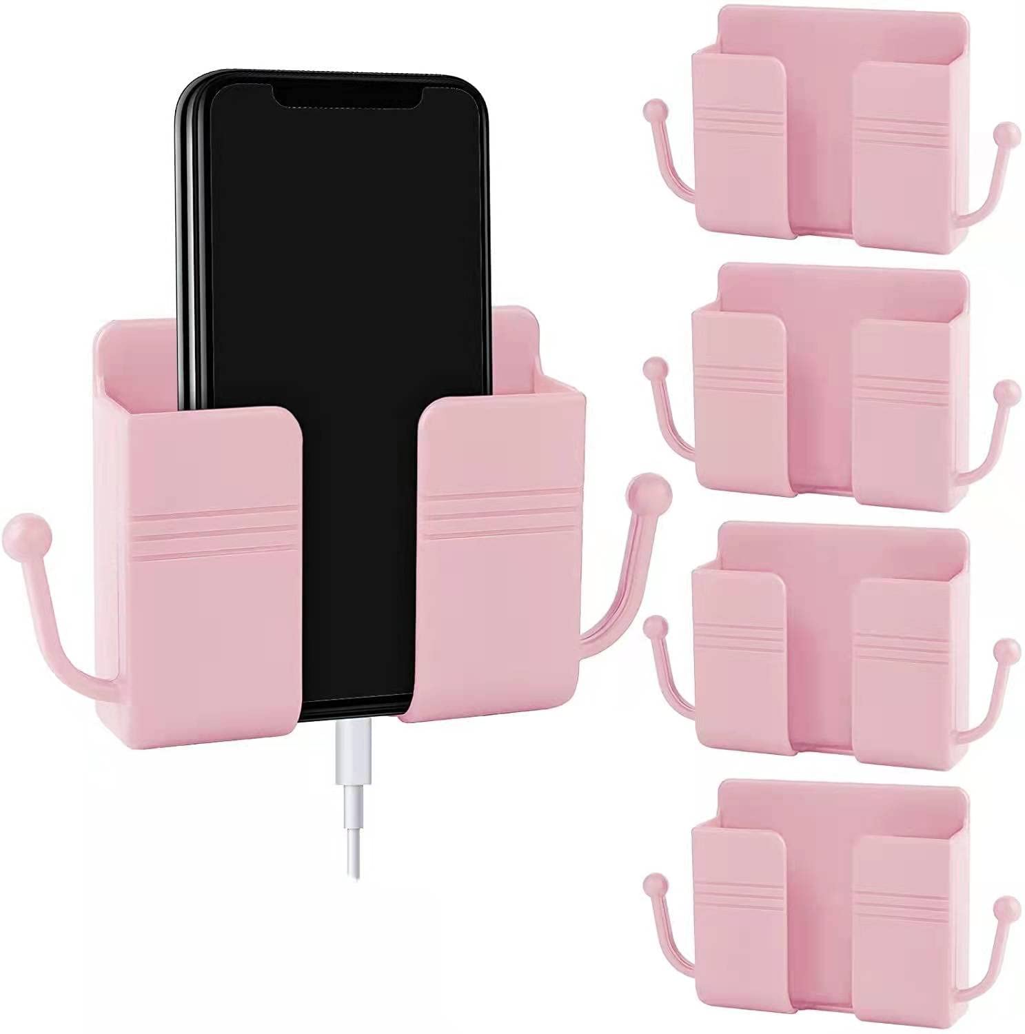6-Piece Self-Adhesive Wall Mount Phone Holder - Plastic Charging Stand & Remote Organizer for Bedroom, Kitchen, Office - Space-Saving Wall-Mounted Storage Solution (Pink)