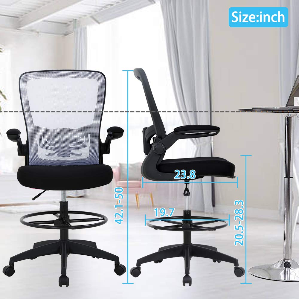 Ergonomic Drafting Chair with Lumbar Support - Adjustable Height Mesh Office Chair for Standing Desks, Swivel Rolling Stool with Footrest - Perfect for Architects, Designers & Long Computer Work Sessions