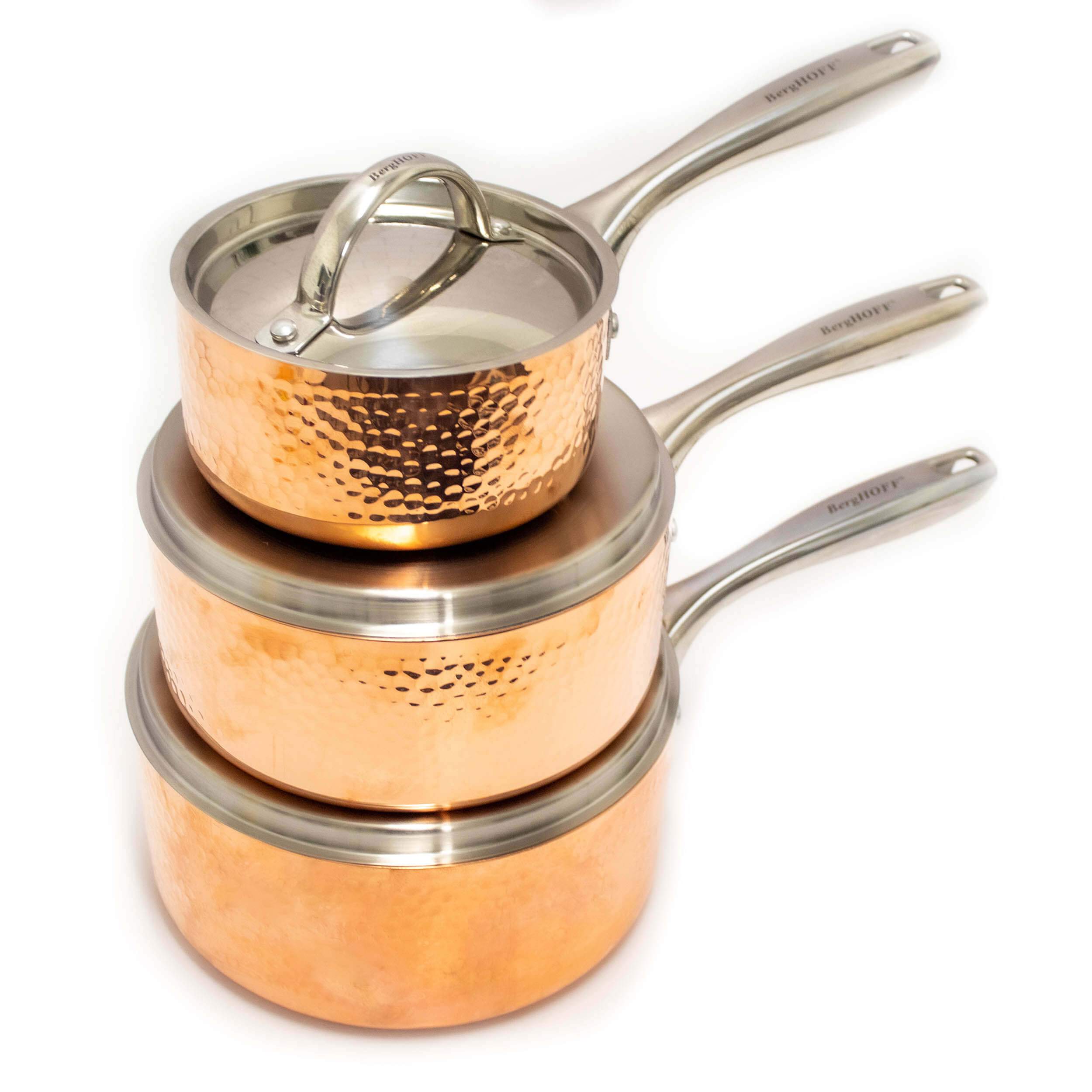 BergHOFF Vintage 15-Piece Tri-Ply Copper Cookware Set with Lids - Hammered Finish for Professional Cooking & Home Kitchen Use