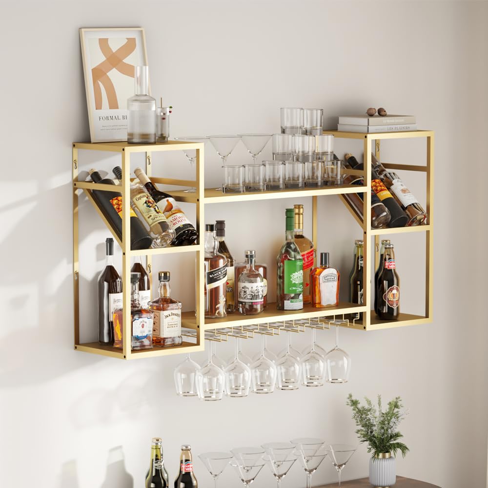 2-Tier Metal Floating Bar Shelf - Wall Mounted Wine Rack with Glass Holder - Gold Kitchen & Dining Room Bar Storage - Perfect for Home Bars, Restaurants & Entertaining Spaces