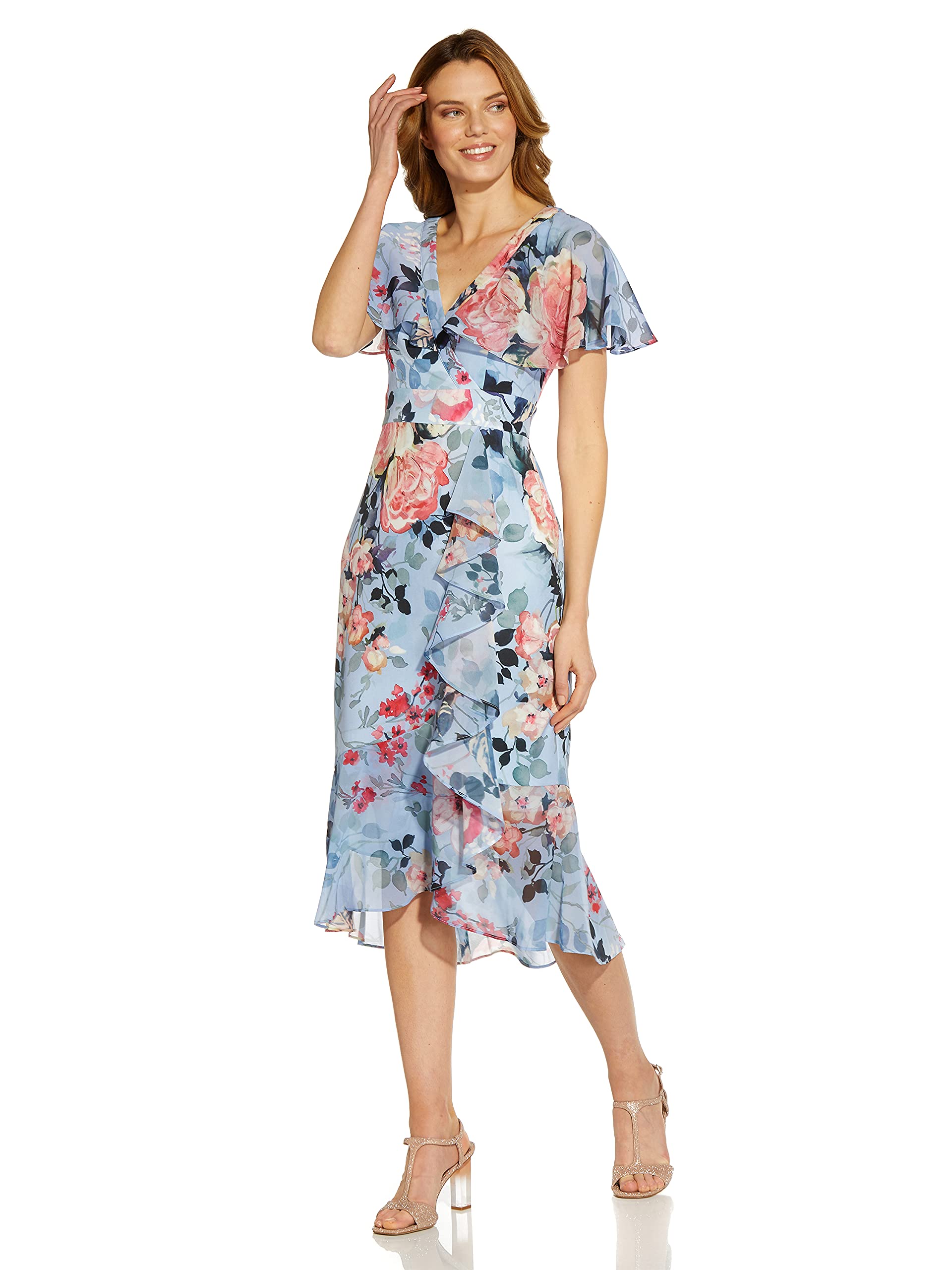 Adrianna Papell Women's Floral Faux Wrap Ruffle Dress - Elegant Cocktail & Party Wear for Weddings, Dinners & Special Occasions
