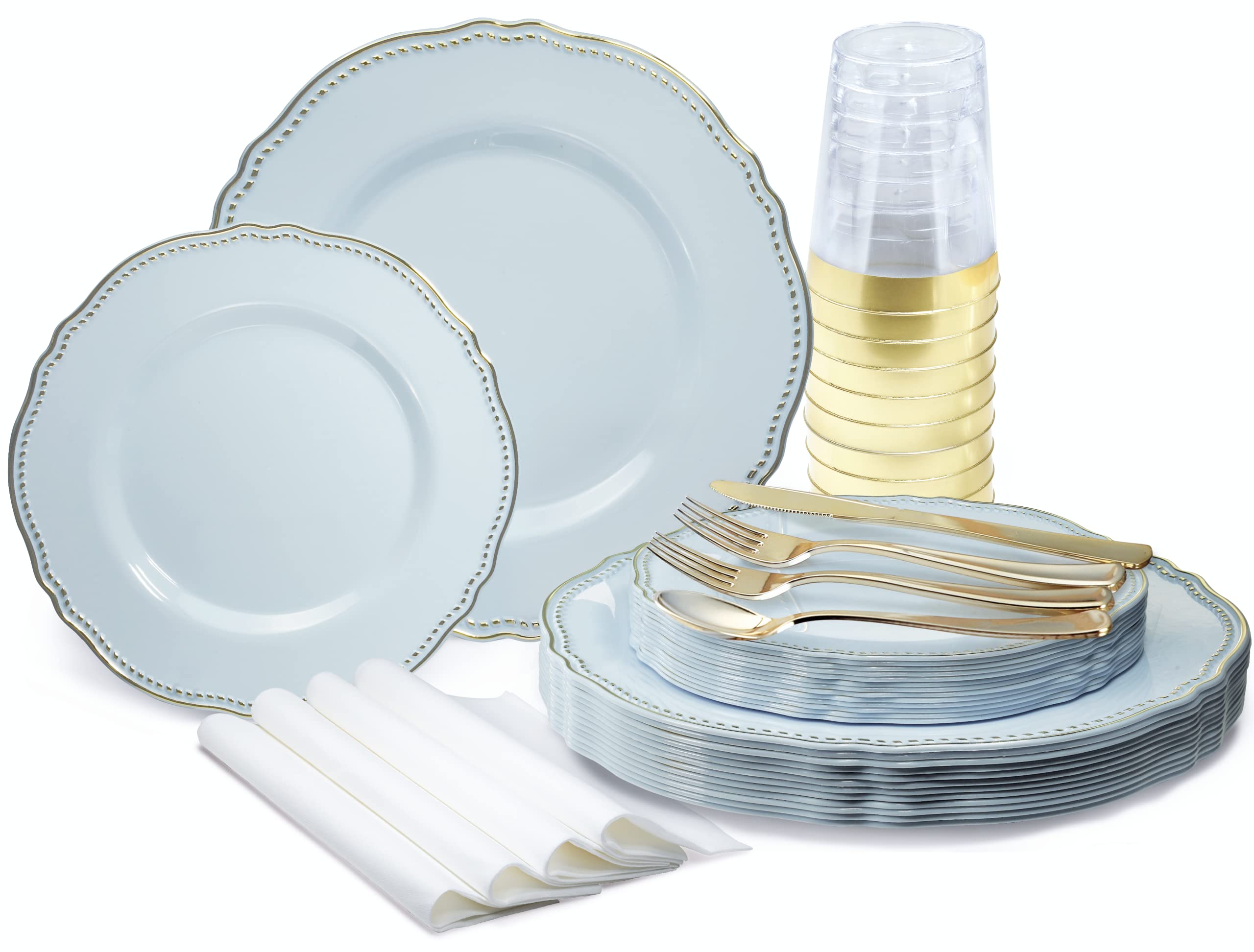 200-Piece Disposable Wedding Tableware Set - 25 Guest Gold & Blue Plastic Plates (10.25'', 7.5''), Silverware, Gold Rim Cups & Paper Napkins - Elegant Rochelle Blue & Gold Design for Weddings, Parties & Special Events