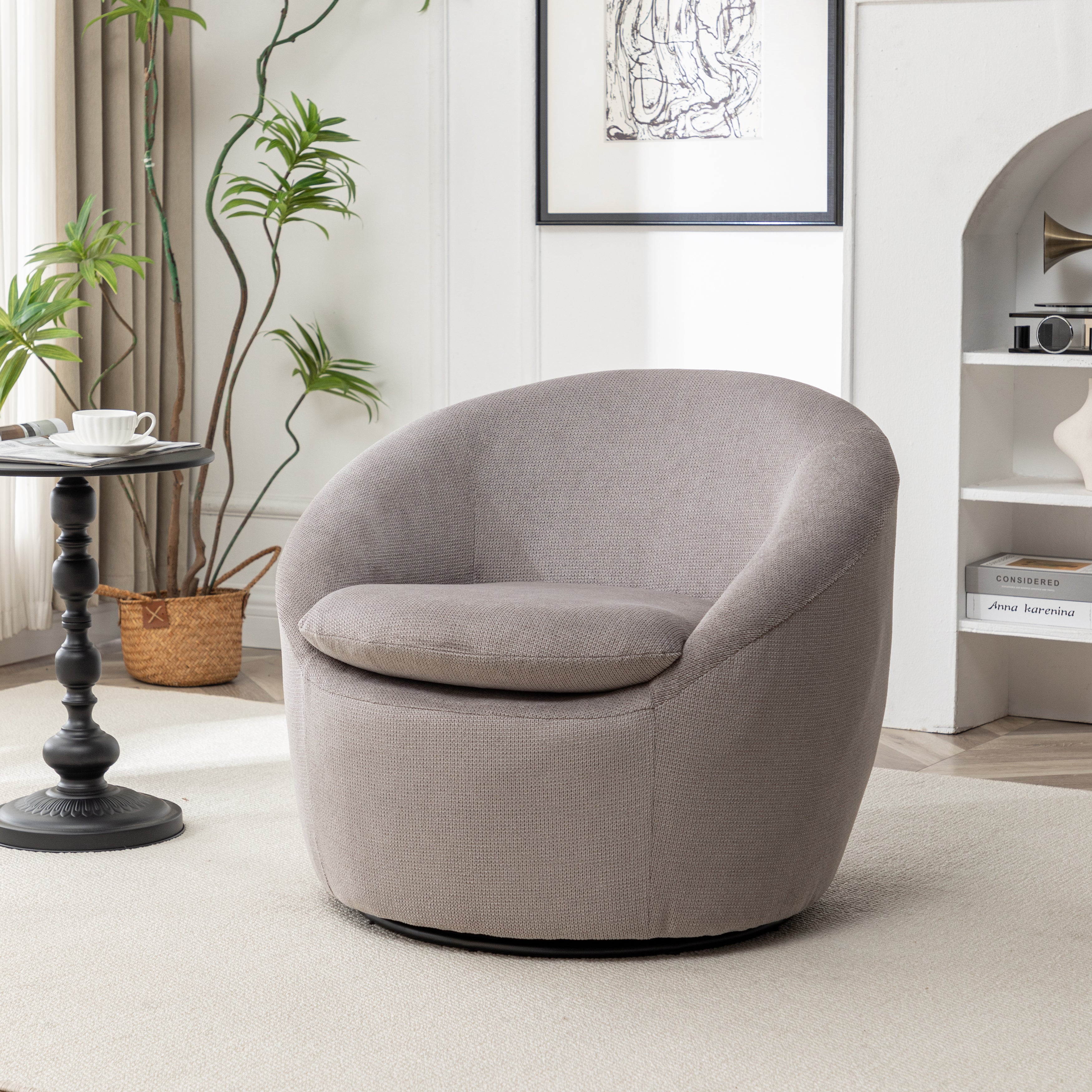 Roundhill Furniture Winnie Modern Barrel Chair - 360° Swivel Accent Chair with Upholstered Seat & Metal Base for Living Room, Bedroom or Office