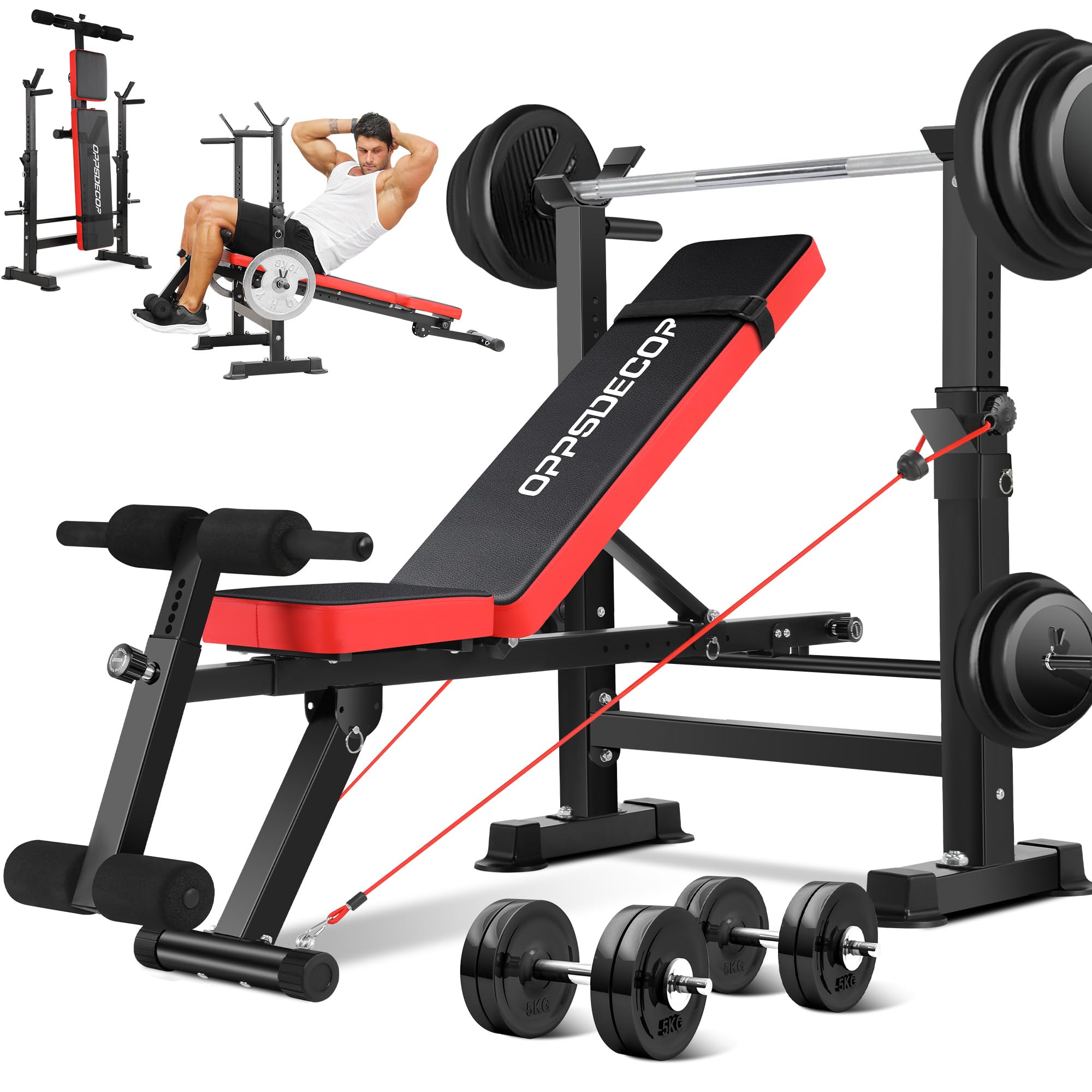 OPPSDECOR 600lbs 6-in-1 Foldable Weight Bench Set with Squat Rack, Adjustable Bench Press & Removable Foot Catch - Home Gym Equipment for Full Body Workout, Strength Training & Fitness - Perfect for Small Spaces, Garage & Apartment Workouts