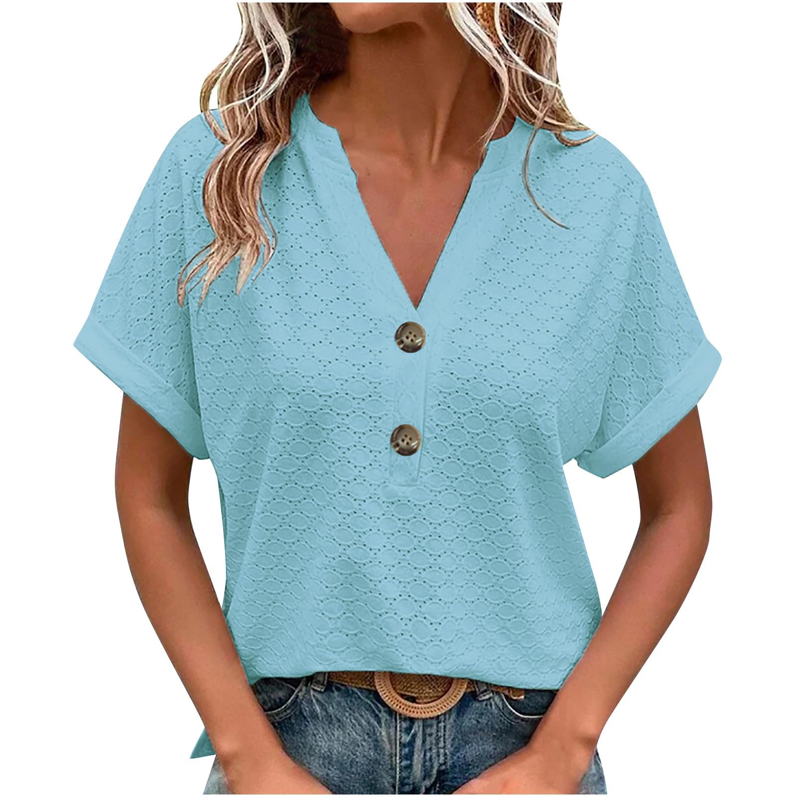 AMhomely Women's Vintage Lace Short Sleeve V-Neck Blouse - Loose Casual Waffle Tee, Elegant Plain Tunic Top with Button Detail | Perfect for Summer Outfits, Beach Wear & Casual Office Attire