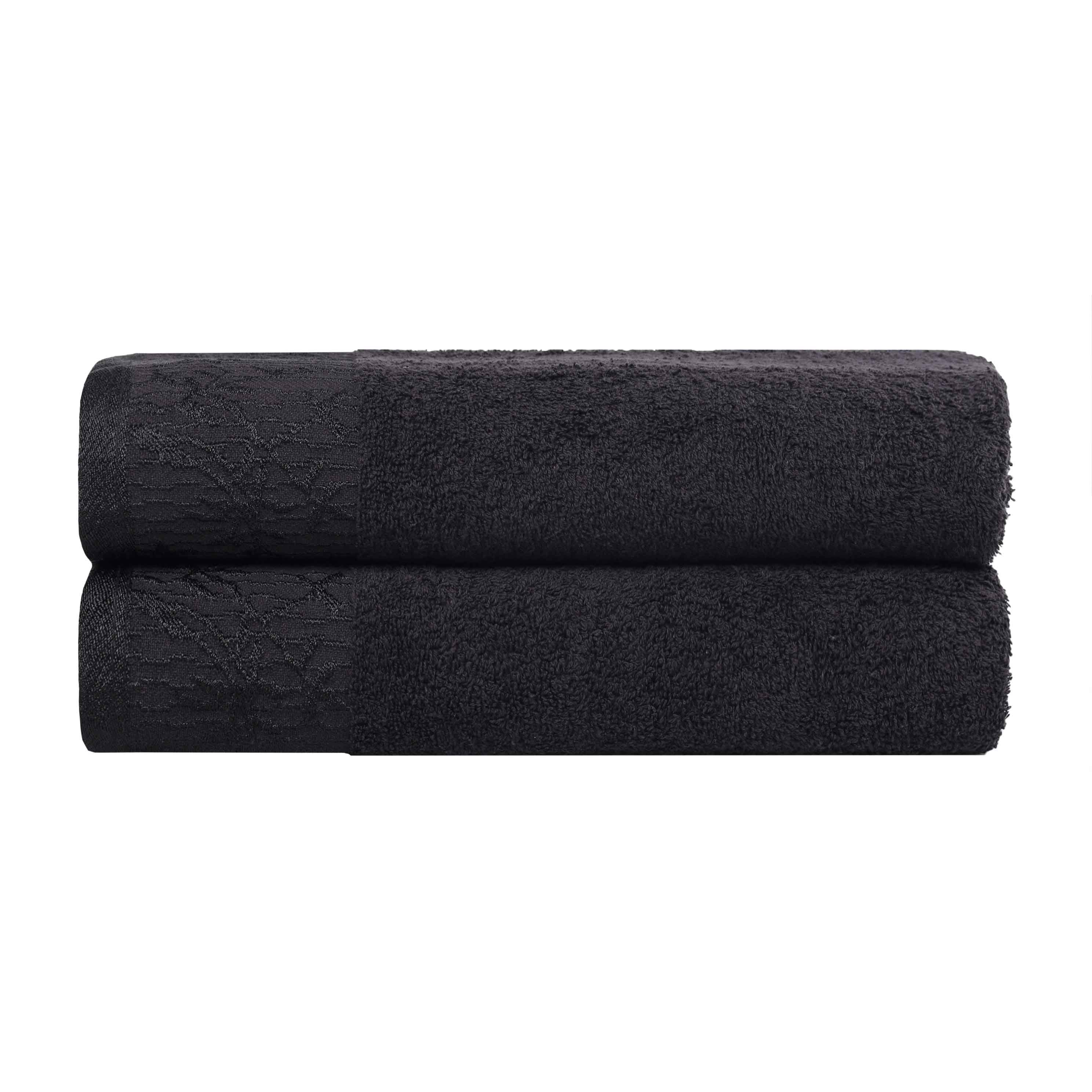 Premium Wisteria Cotton Floral Embroidered Jacquard Border Bath Towel Set of 2 - Soft Absorbent Luxury Towels for Spa, Bathroom & Guest Use
