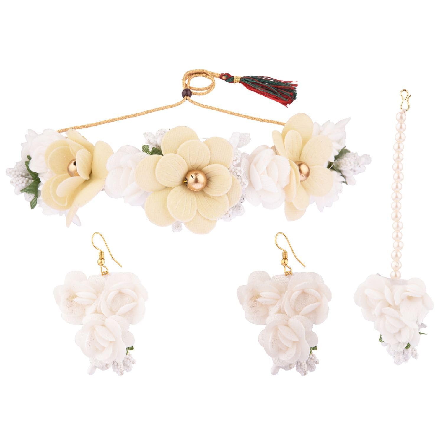 Efulgenz Handmade Indian Haldi Jewelry Set - Floral Choker Necklace, Earrings & Maang Tikka for Women | Wedding, Haldi & Mehendi Ceremonies | Perfect for Bridal Accessories, Cultural Events and Festive Occasions