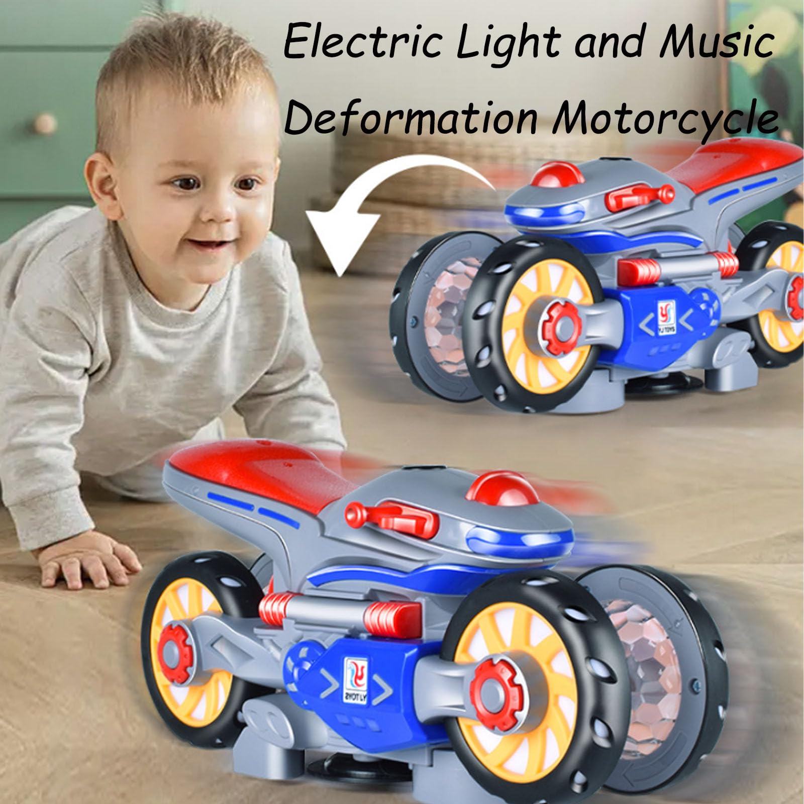 Electric Deforming Motorcycle Toy with Light & Music - 360° Rotation for Kids Play