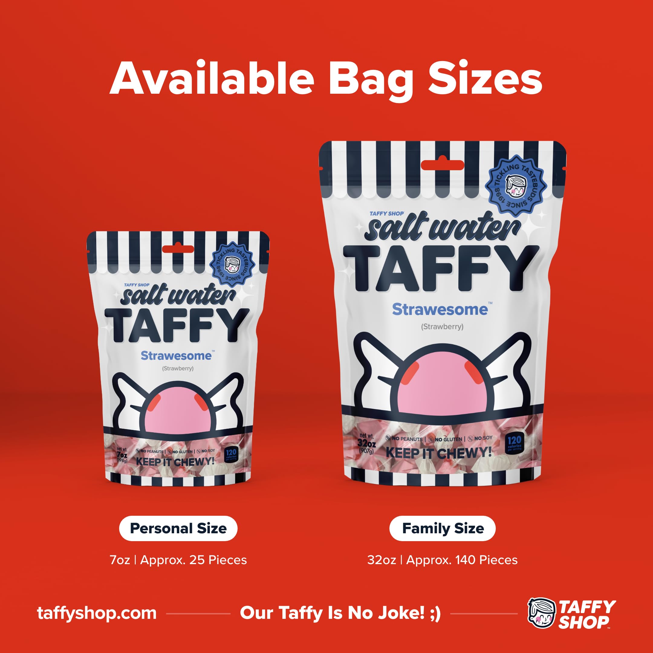 Strawberry Salt Water Taffy - Gourmet Soft Chewy Candy | Bulk Sweet Snack | Gluten-Free | 140 Individually Wrapped Pieces (32oz) | Perfect for Parties, Gifts & Office Treats