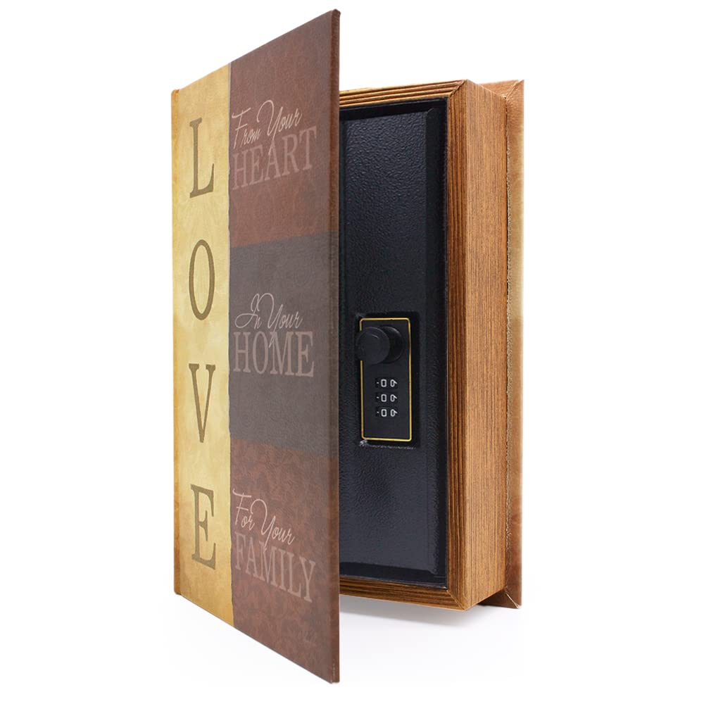 Antique Wooden Book Safe with Secret Compartment & Combination Lock - Vintage Book Storage Box for Hidden Jewelry, Money & Valuables - Perfect for Home Decor, Bookshelf Display & Secret Storage (Love Design)