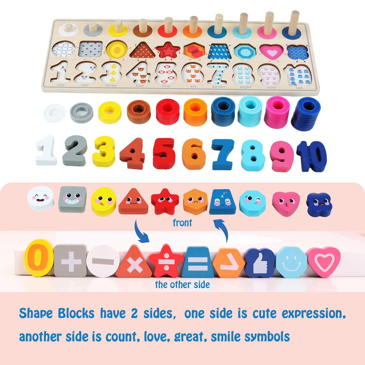 Montessori Wooden Toys for Kids - Number & Shape Stacking Game for Toddlers | Preschool Learning Math Blocks for Boys & Girls | Perfect Gift & Educational Play