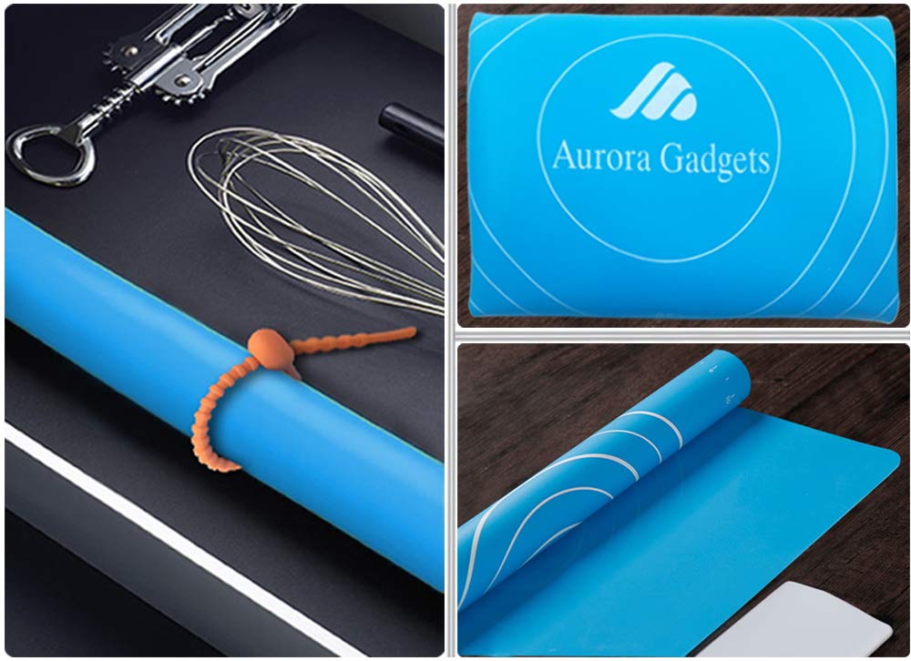 Non-Stick Silicone Baking Mat with Measurement Marks - Heat Resistant Up to 480°F, BPA Free, Reusable Pastry Dough Rolling Mat - Dishwasher Safe, Easy to Clean, Won't Discolor - Perfect for Cookies, Bread, Pizza & Pastry Making (Blue)