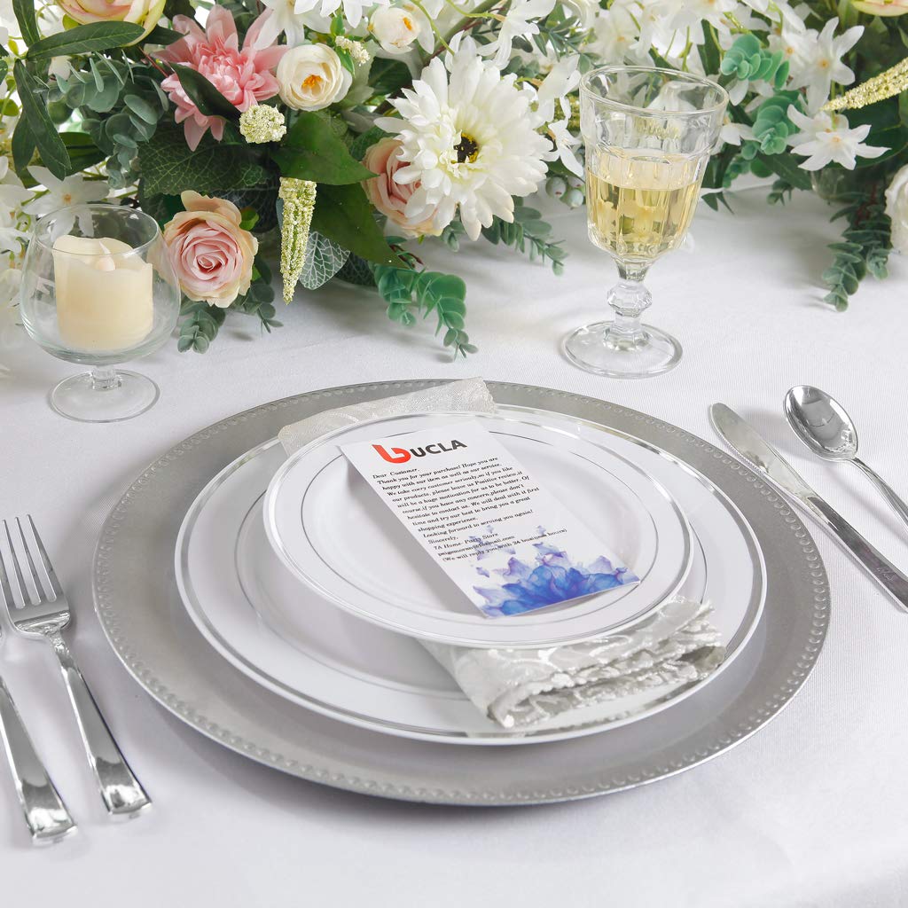 100-Pack Silver Plastic Plates - 10.25 Inch Elegant Disposable Dinner Plates with Silver Rim - Perfect for Weddings, Birthday Parties, Christmas & Holiday Celebrations - Durable & Stylish for Buffets, Catering & Outdoor Events
