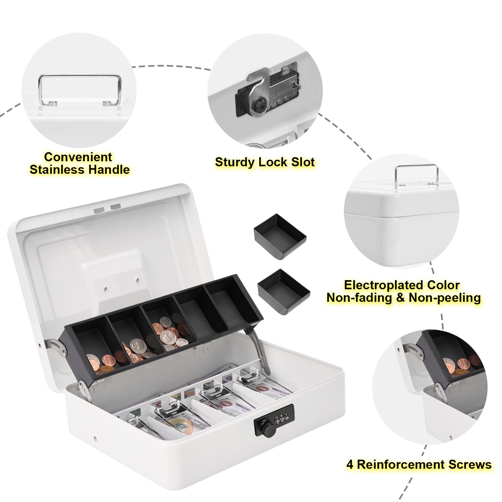 Metal Cash Box with Combination Lock - Secure Money Safe Box with Cash Tray, 4 Bill & 5 Coin Slots (11.8x9.5x3.5 Inches, White) - Perfect for Retail Stores, Home Savings & Office Cash Management