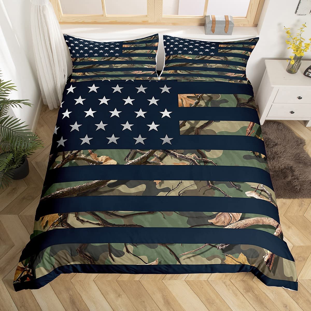 Army Green American Flag Bedding Set Twin Size - Camo Stars & Stripes Duvet Cover for Kids Boys - Camouflage Leaves Plant Design - 2 Piece Bed Comforter Cover Set for Kids Room, Military Theme Bedroom Decor