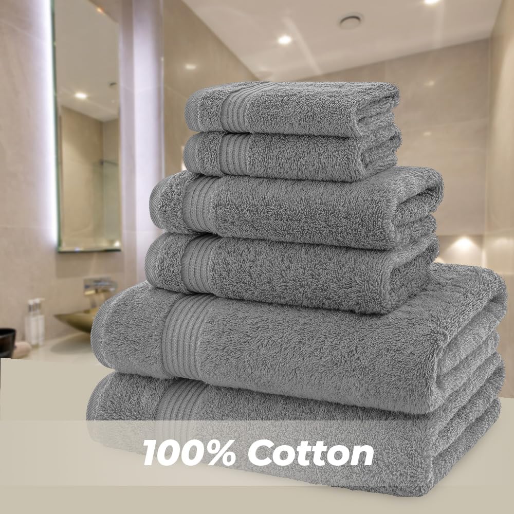 Premium 6-Piece Turkish Cotton Bath Towel Set - 100% Ultra Soft & Absorbent - 2 Bath Towels, 2 Hand Towels, 2 Washcloths - Dark Gray - Luxury Spa & Bathroom Essentials for Home & Hotel Use