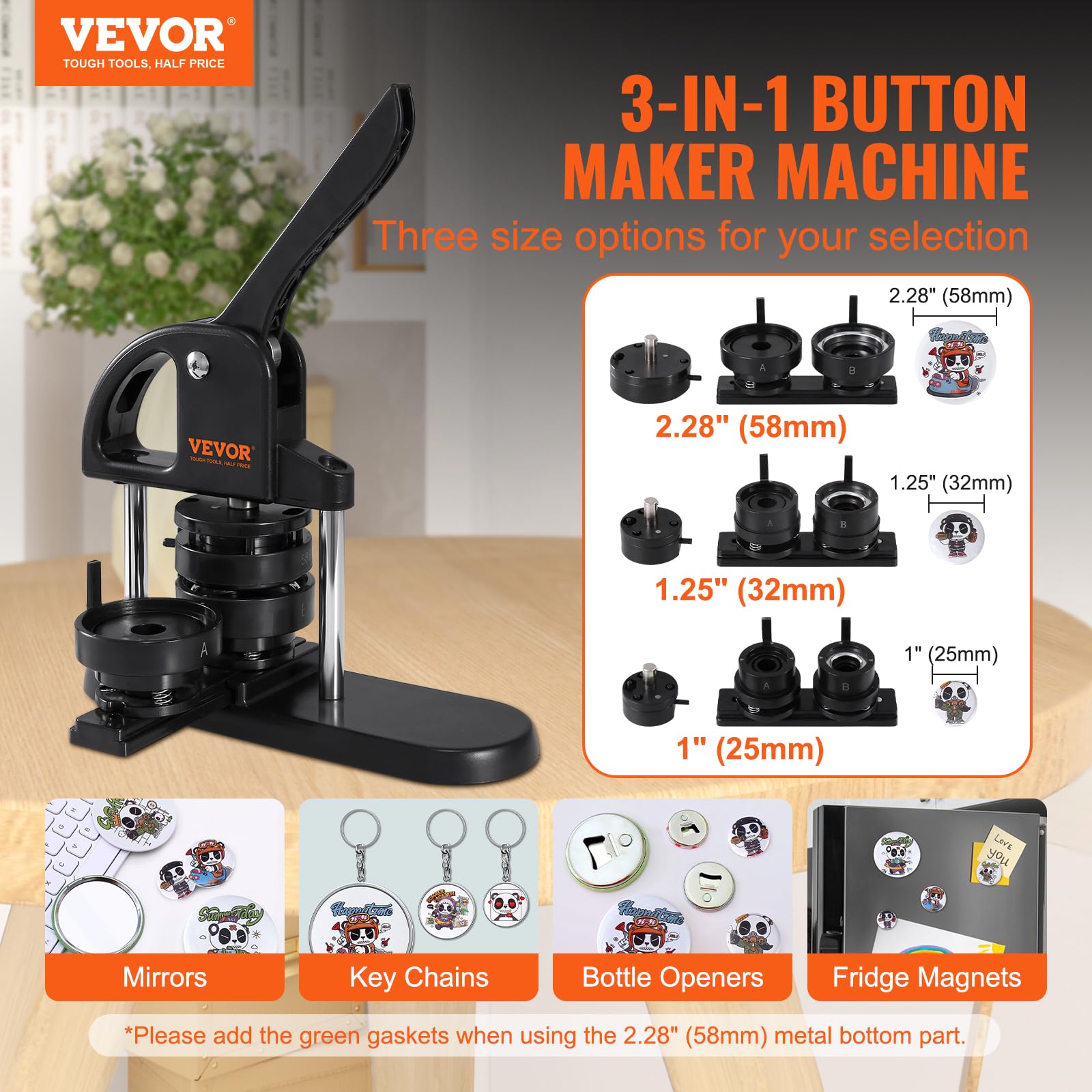 VEVOR 3-in-1 Button Maker Machine Kit with 300pcs Button Parts (1/1.25/2.28 inch) - Ergonomic Arc Handle Punch Press & Panda Magic Book - Perfect for DIY Crafts, School Projects, and Children's Birthday Gifts