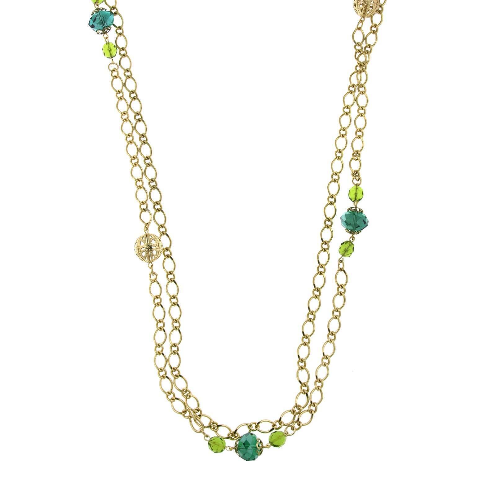 1928 Green Crystal Filigree Bead Long Necklace - 42