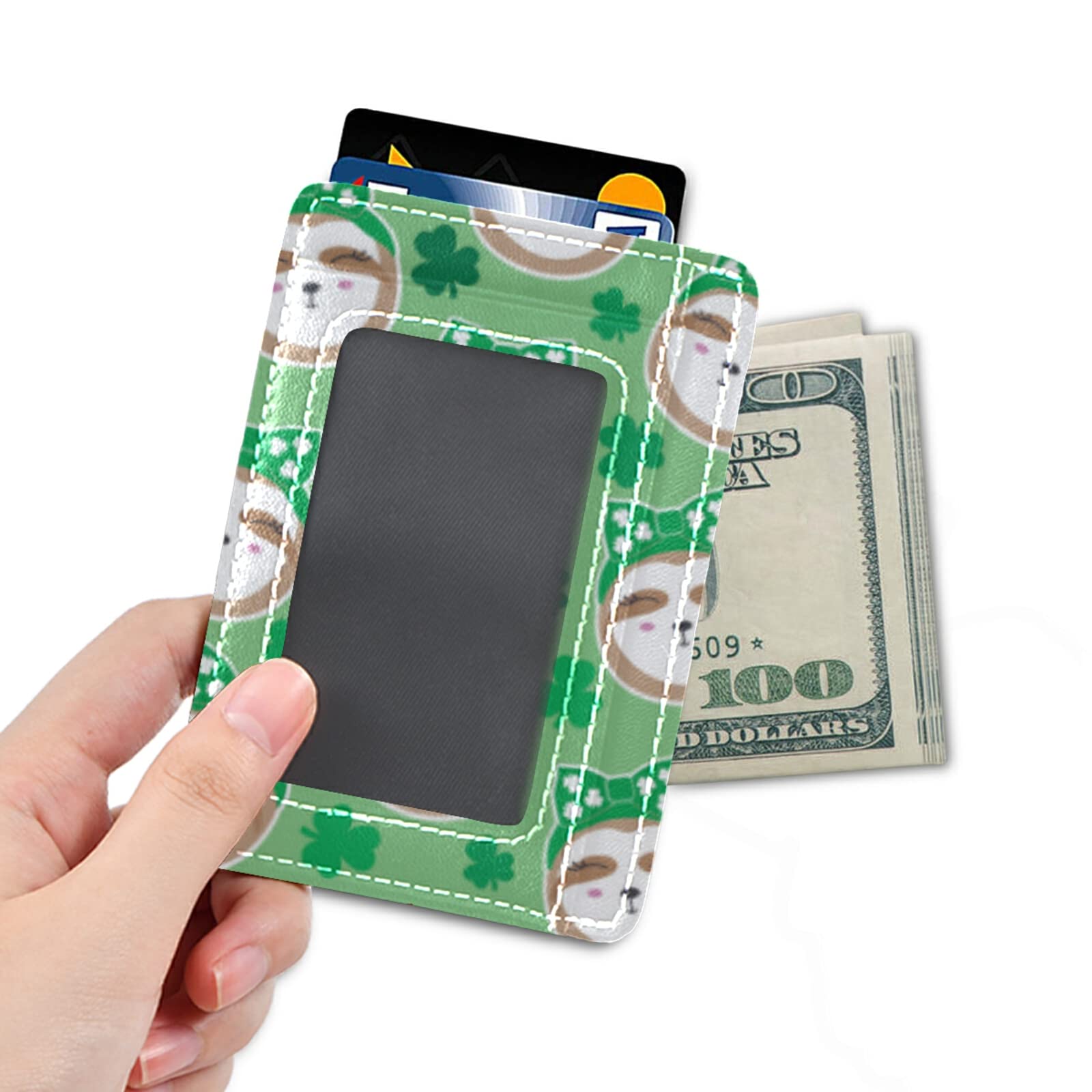 Irish Sloth Seamless Shamrock Clover Lucky Leaves Saint Patrick's Day Slim RFID Blocking Leather Wallet - Minimalist Front Pocket Card Holder for Men & Women - Perfect Gift for Travel, Work & Daily Use