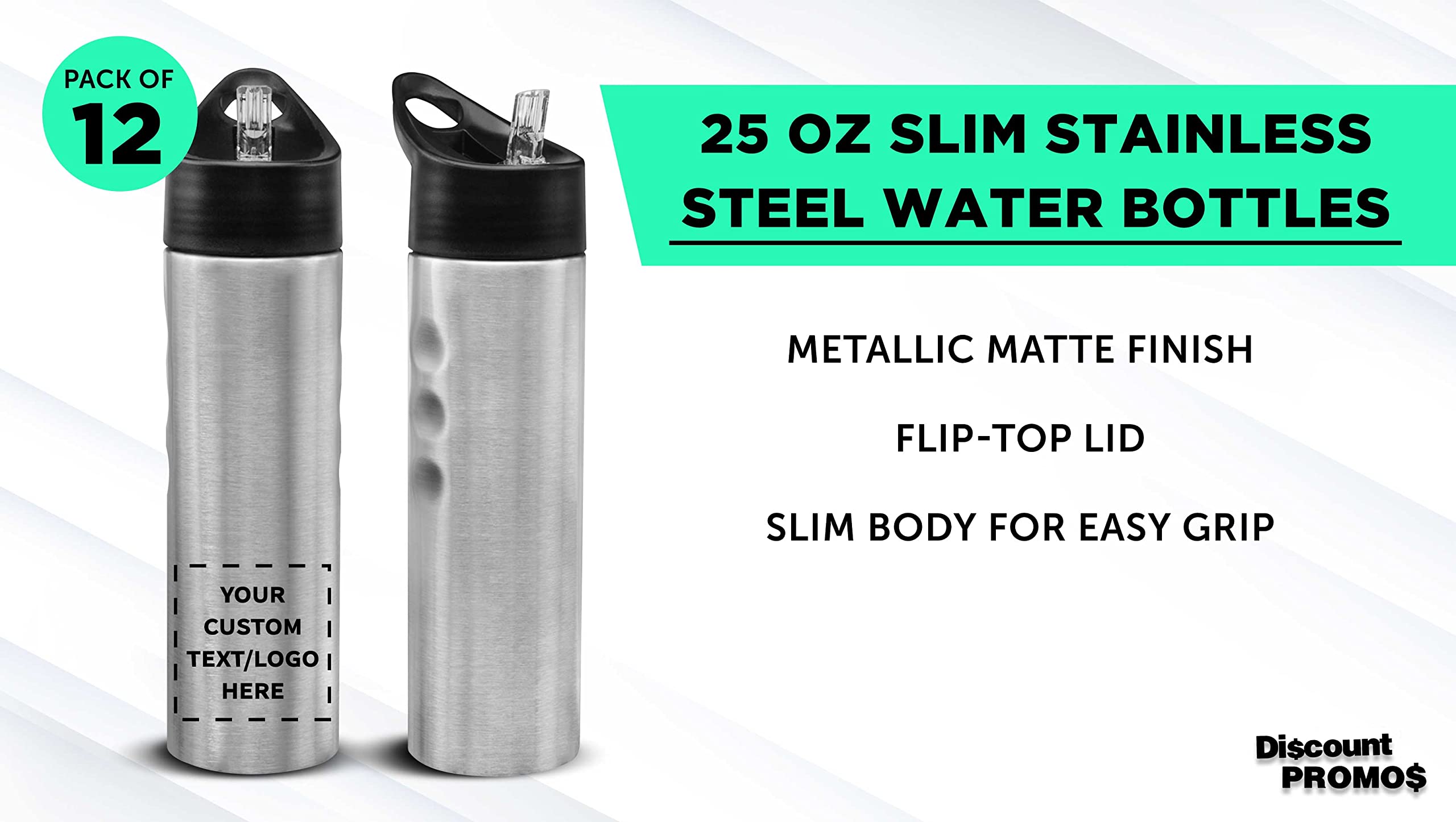 Custom Slim Stainless Steel Water Bottles 25oz (12 Pack) - Personalized Text & Logo - Reusable Gym & Sports Bottles - Bulk Pack Silver - Perfect for Workouts, Hiking, Office & School Hydration