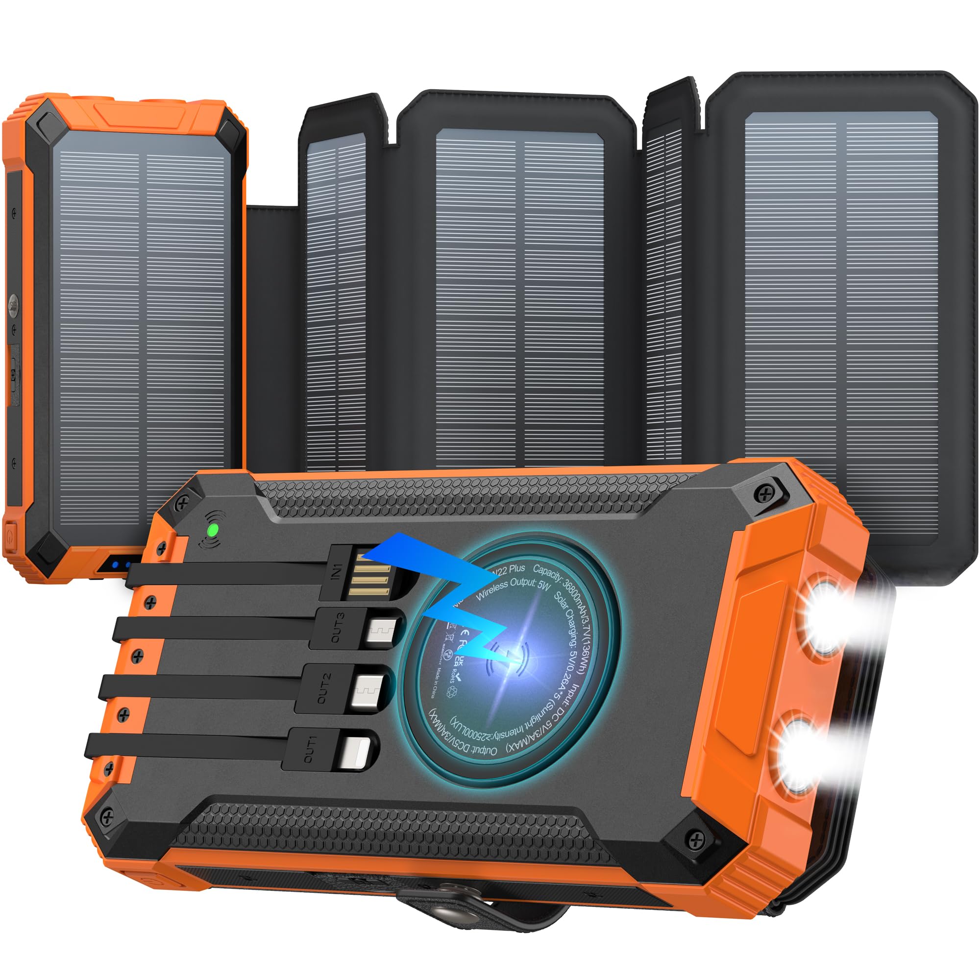 GOODaaa 36800mAh Solar Power Bank with Wireless Charging, 5 Solar Panels & Built-in 4 Cables | 5 Outputs Portable Charger for iPhone, Android Phones | Dual Flashlights & Carabiner Clip for Camping, Hiking, Emergency Power Outages