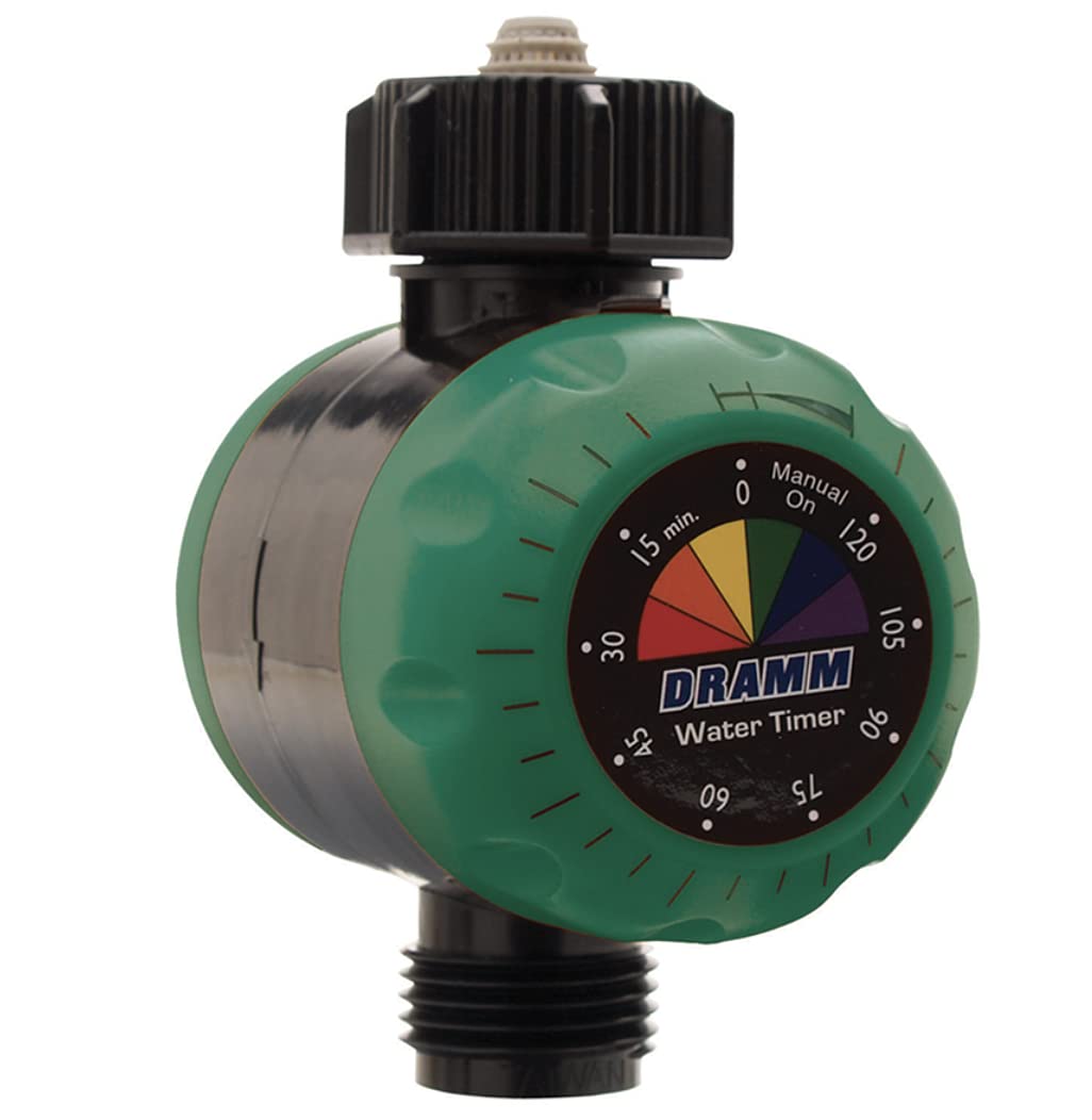 Dramm Automatic Water Timer for Garden Hose - Adjustable Up to 2 Hours with Auto Shut Off - Green Outdoor Irrigation System for Lawns, Flower Beds & Vegetable Gardens