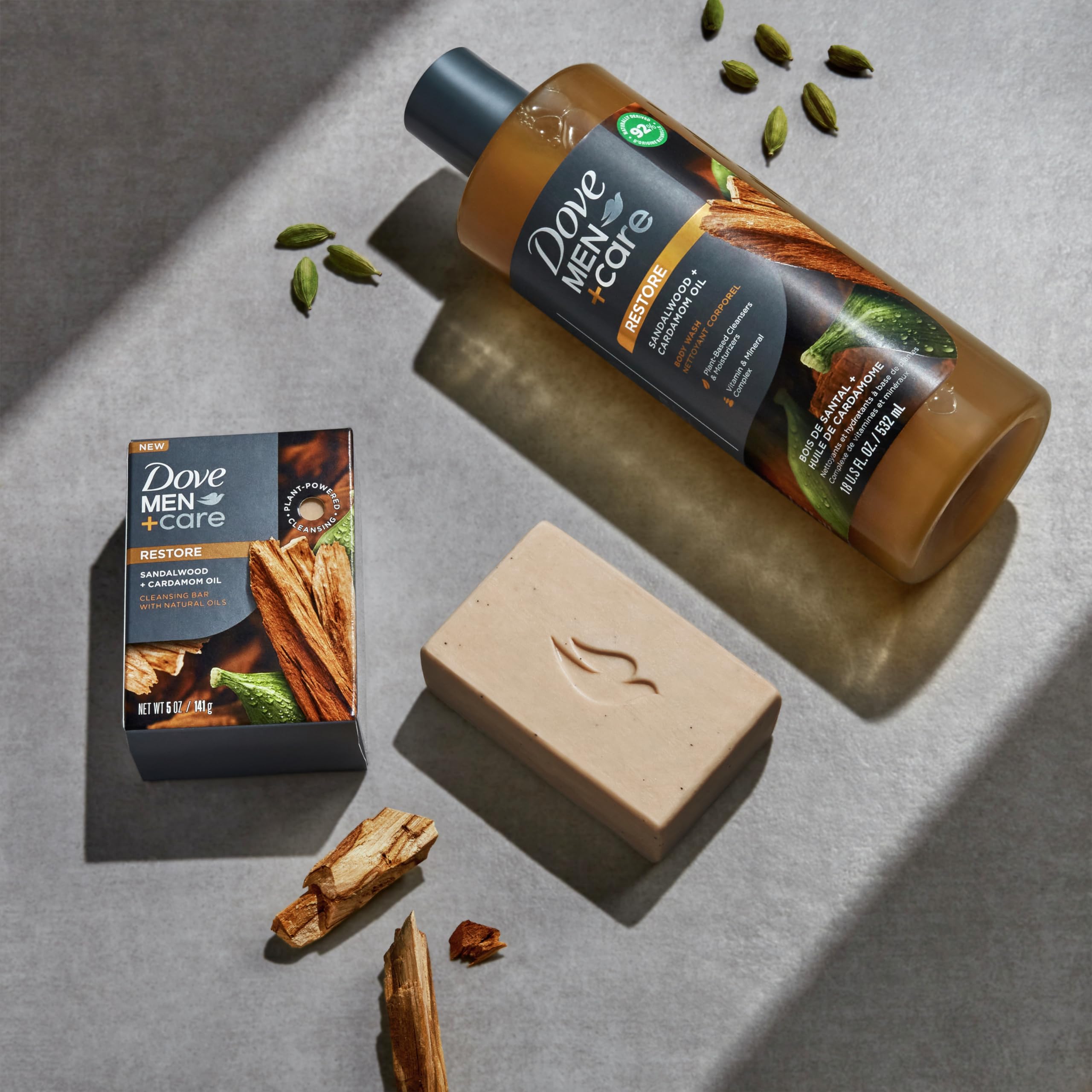 Dove Men+Care Body Wash for Dry Skin - Sandalwood & Cardamom Scented Shower Gel with Natural Oils (4 Pack, 18 oz Each) | Plant-Based Cleansers & Moisturizers | Post-Workout & Daily Shower Essential for Men