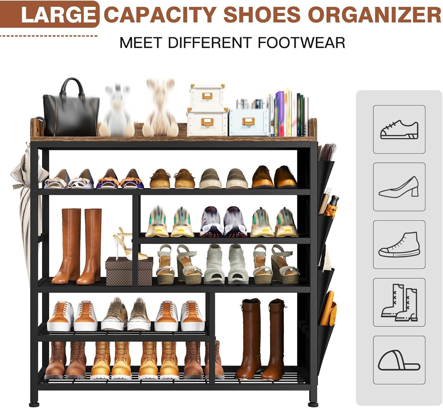 6-Tier Metal Shoe Rack with Wooden Top & Side Pockets - Holds 22 Pairs of Shoes - Space Saving Entryway Organizer for Hallway, Closet or Mudroom Storage - Black