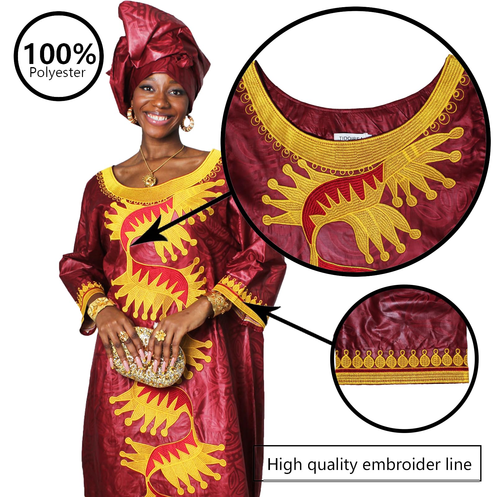 TIDOIRSA African Dresses for Women | Embroidered Bazin Boubou Wedding & Party Dress with Matching Scarf | Perfect for Bridal Showers, Cultural Events & Special Occasions