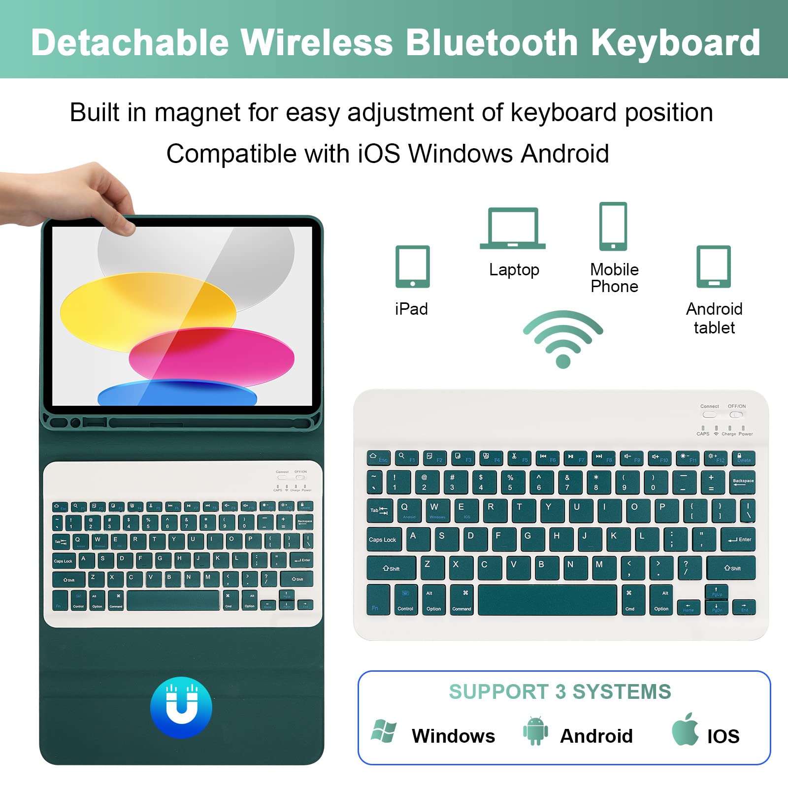 Soppy Slim Keyboard Case for iPad 10th Generation (2022) - Detachable Wireless Bluetooth Keyboard with Apple Pencil Holder - Lightweight Protective Cover for Work, Study & Travel