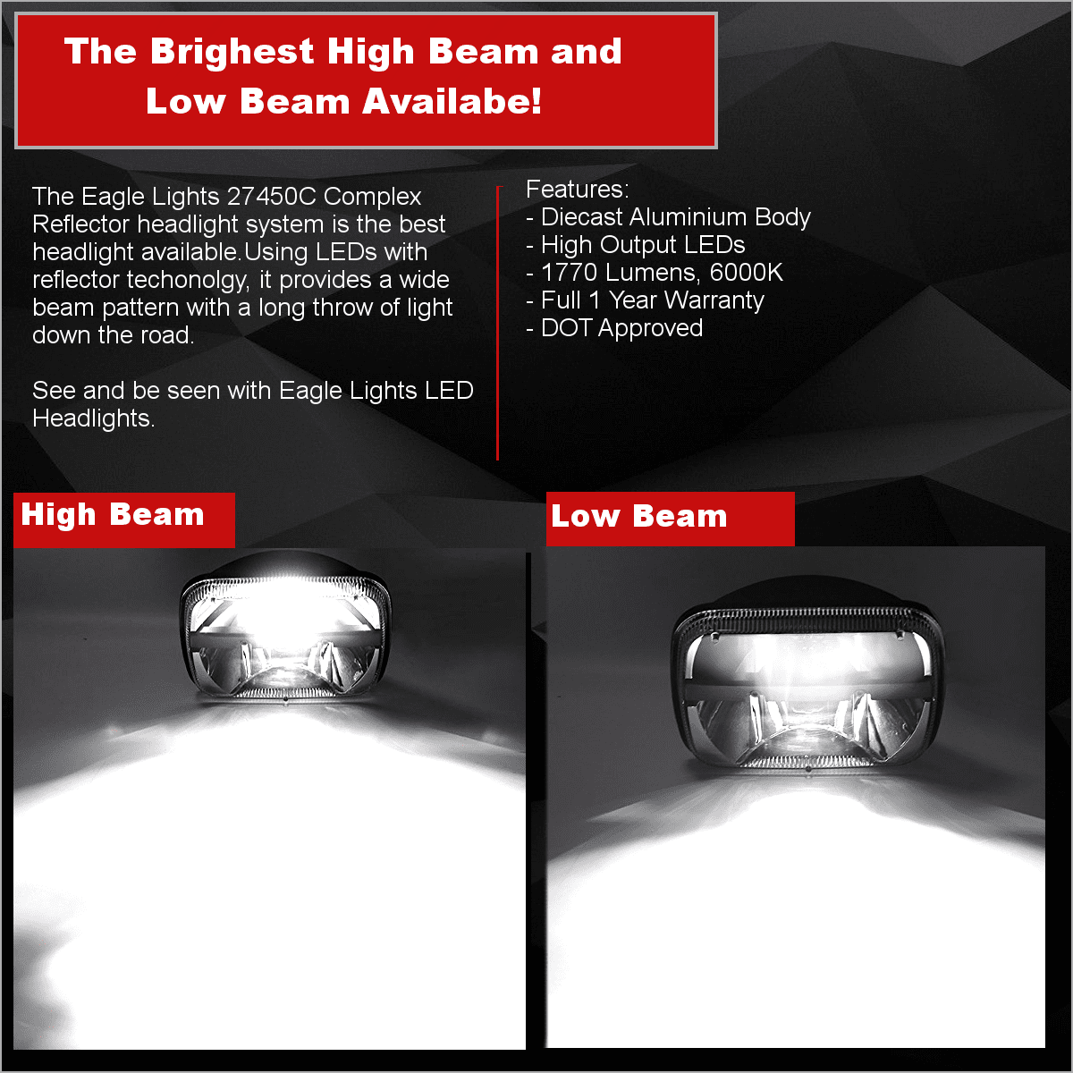 Eagle Lights 5x7 LED Headlight with Complex Reflector & Negative Harness - Compatible with Toyota Models | High-Performance Replacement for Off-Road, Night Driving & Adventure Vehicles
