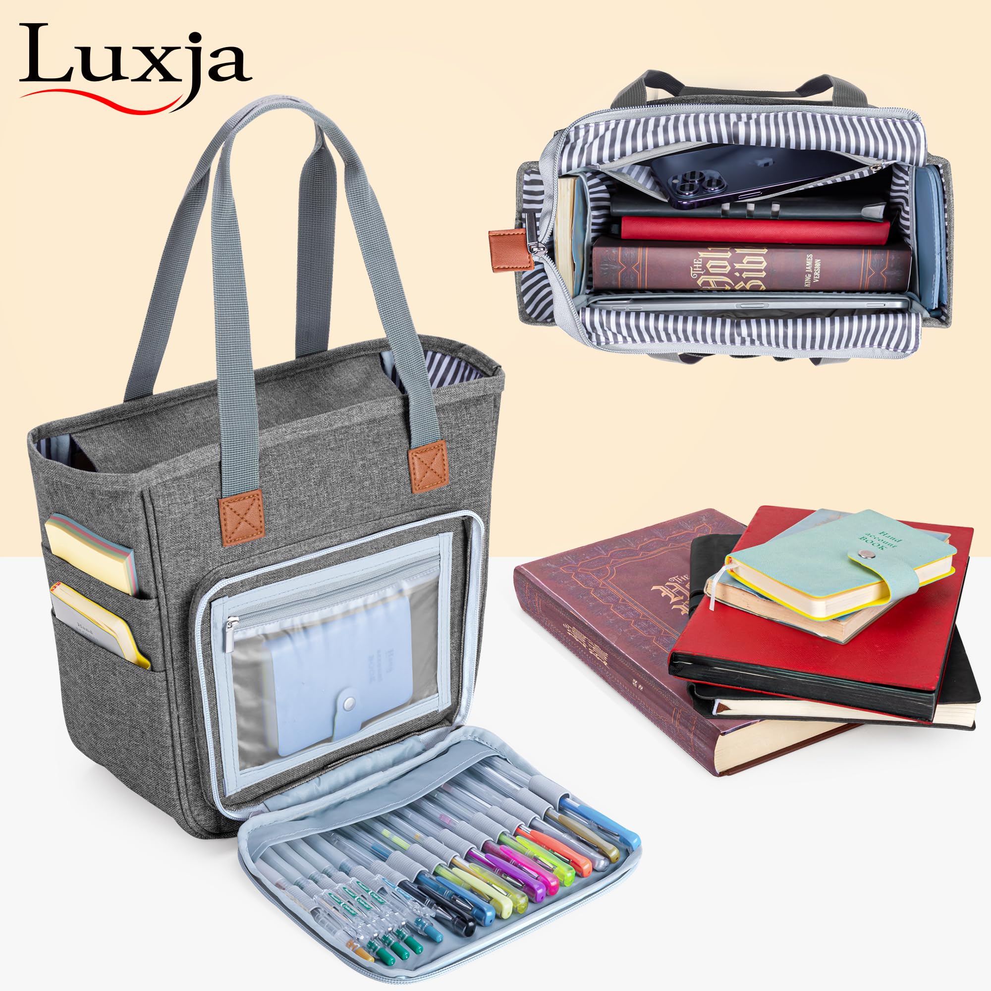 LUXJA Women's Bible Tote Bag with Multiple Pockets - Large Religious Book Carrier for Bible Study, Church & Travel - Gray