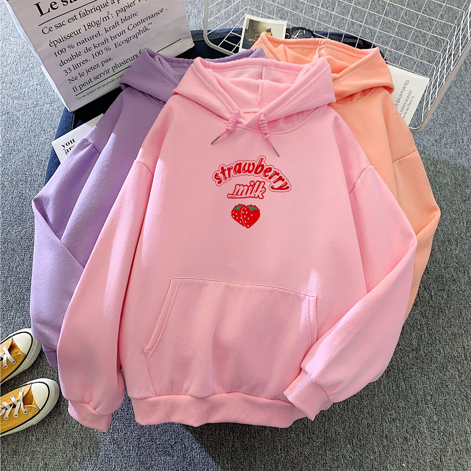 KEEVICI Women's Cute Strawberry Milk Hoodie - Korean Harajuku Style Loose Long Sleeve Kawaii Sweatshirt with Pockets | Casual Streetwear, Kawaii Fashion, Cute Outfit for Daily Wear & Instagram Photos