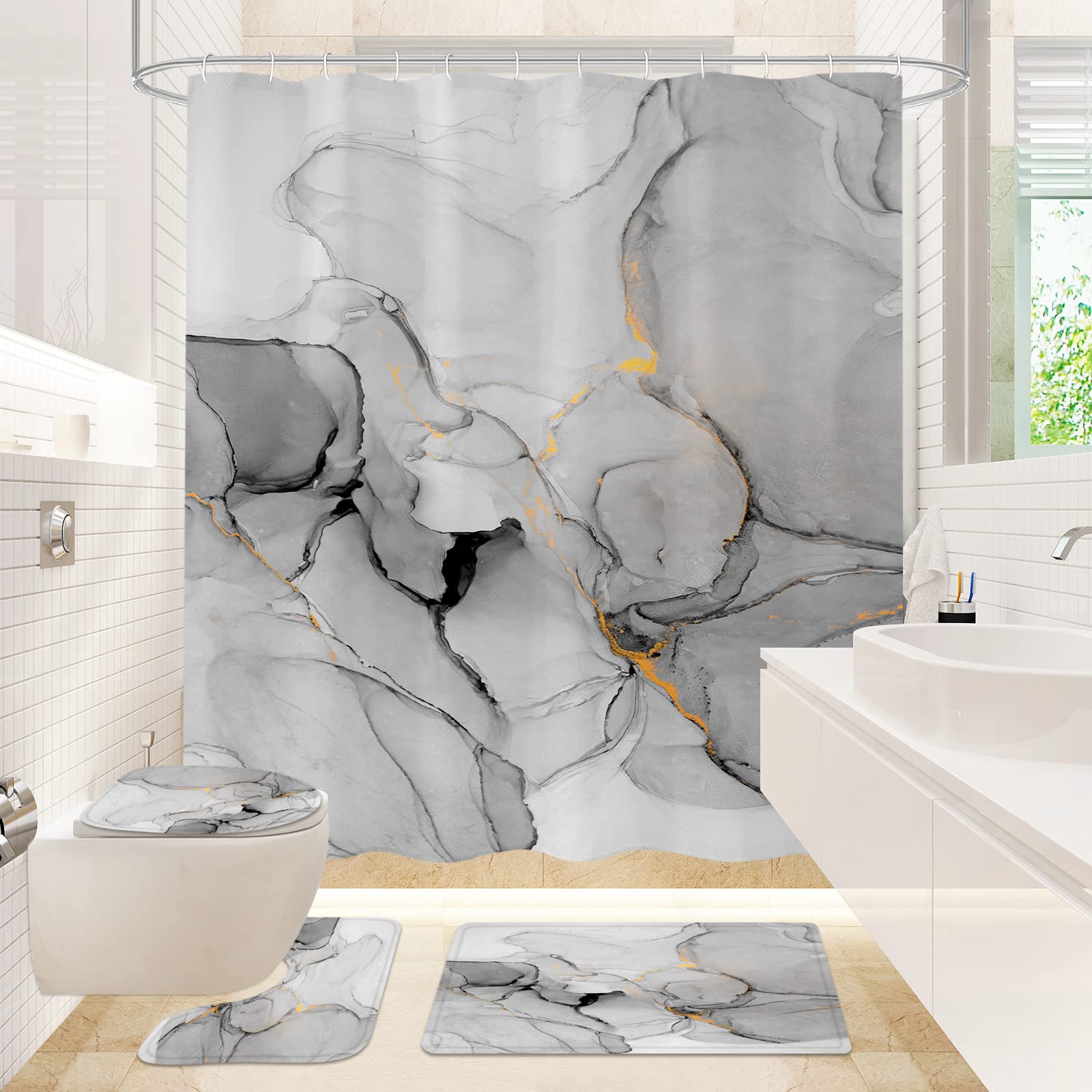 Gibelle 4-Piece Bathroom Shower Curtain Set with Non-Slip Rugs, Toilet Lid Cover & Bath Mat - Grey Marble Bathroom Decor for Modern Homes | Perfect for Bathroom Upgrades & Guest Bathrooms