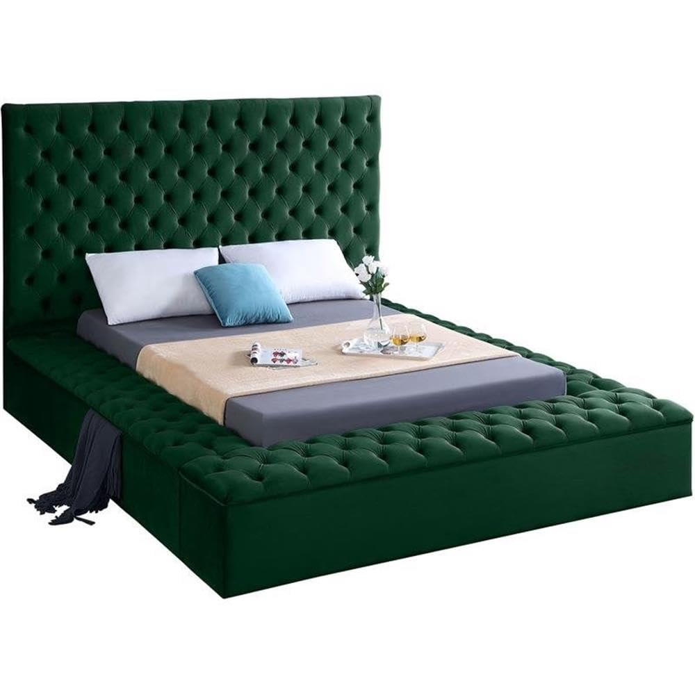 MAKLAINE Contemporary Solid Wood Tufted Velvet King Size Bed Frame in Emerald Green - Luxurious Bedroom Furniture for Modern Master Bedroom Decor