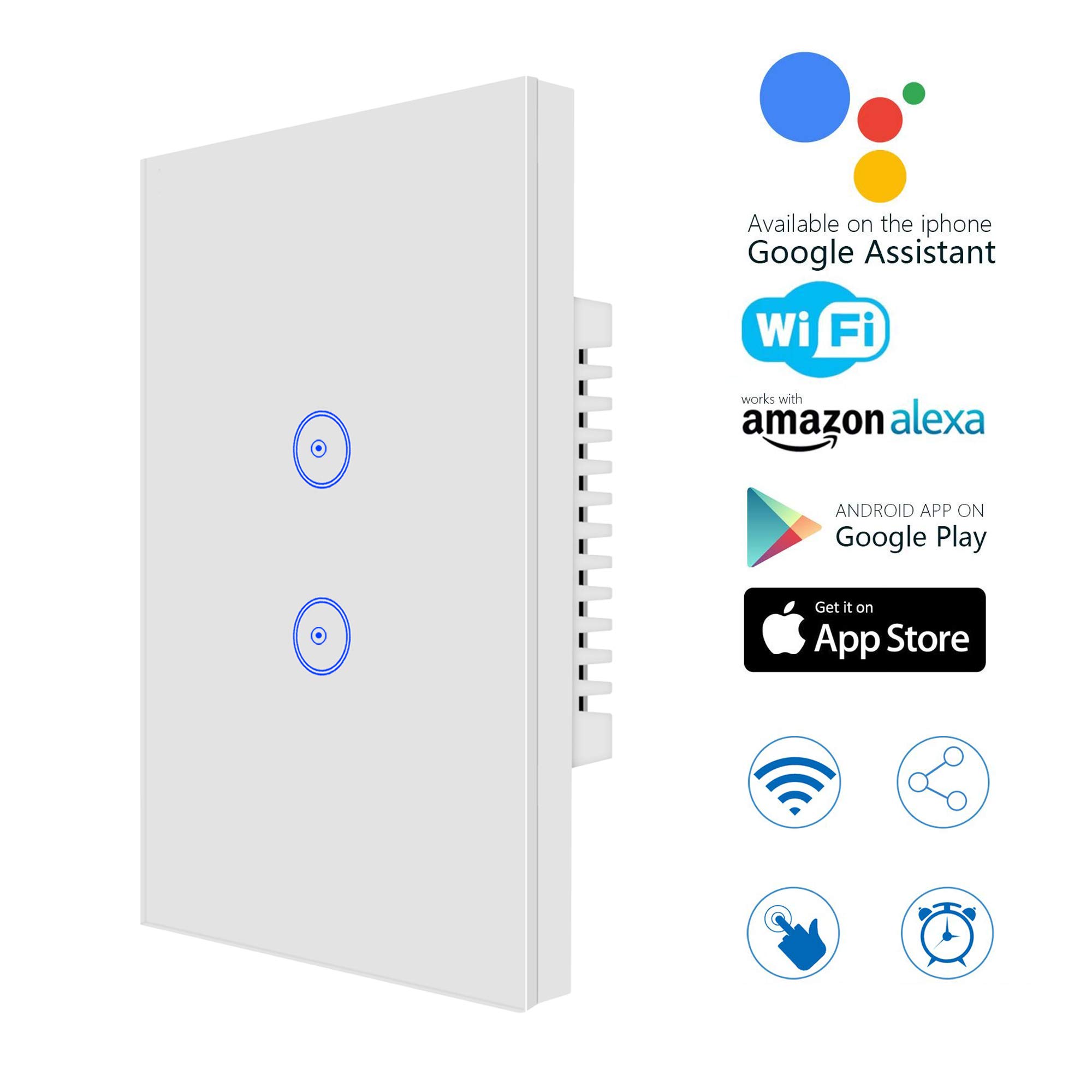 Jinvoo WiFi Smart Wall Touch Light Switch - 2 Gang, Remote Control via Smartphone, Compatible with iOS & Android, Works with Alexa Echo & Google Home Assistant | Perfect for Smart Home Automation & Voice Control
