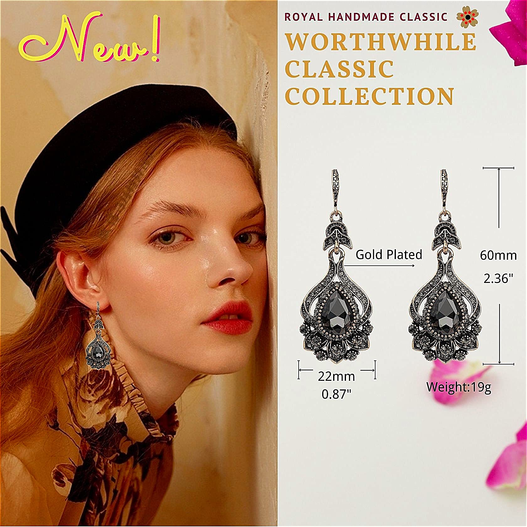 Vintage Gold Plated Black and Grey Crystal Dangle Earrings for Women - Cubic Zirconia Drop Earrings for Party, Wedding & Evening Wear