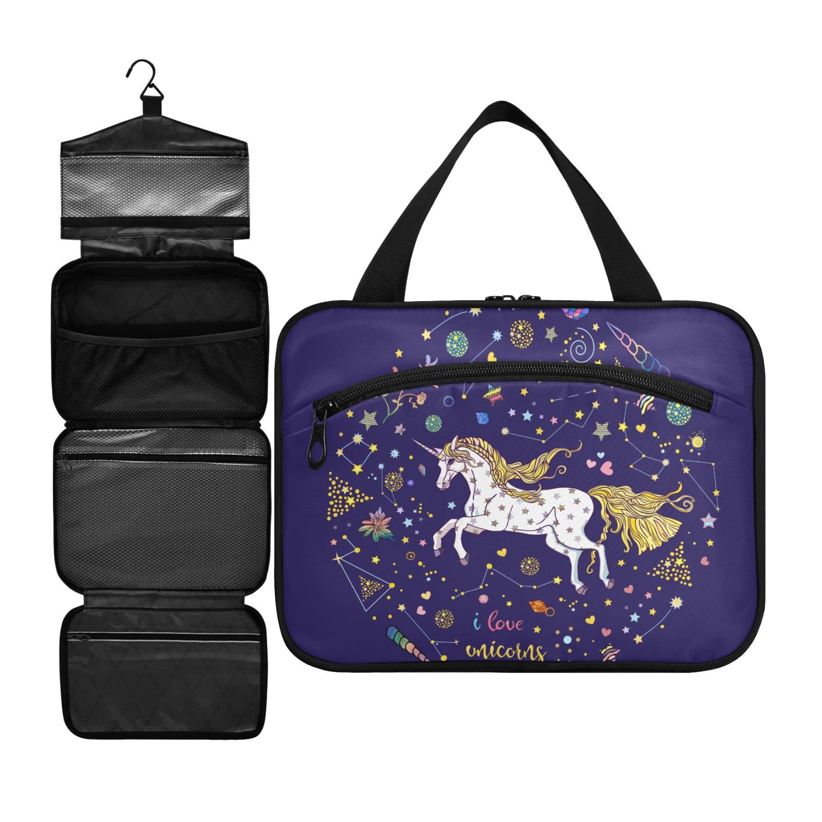 ZZKKO Women's Travel Toiletry Bag with Hanging Hook - Medium Size Cosmetic Organizer for Makeup & Accessories | Constellation & Unicorn Design, Multicolor | Perfect for Vacation, Gym & Business Trips