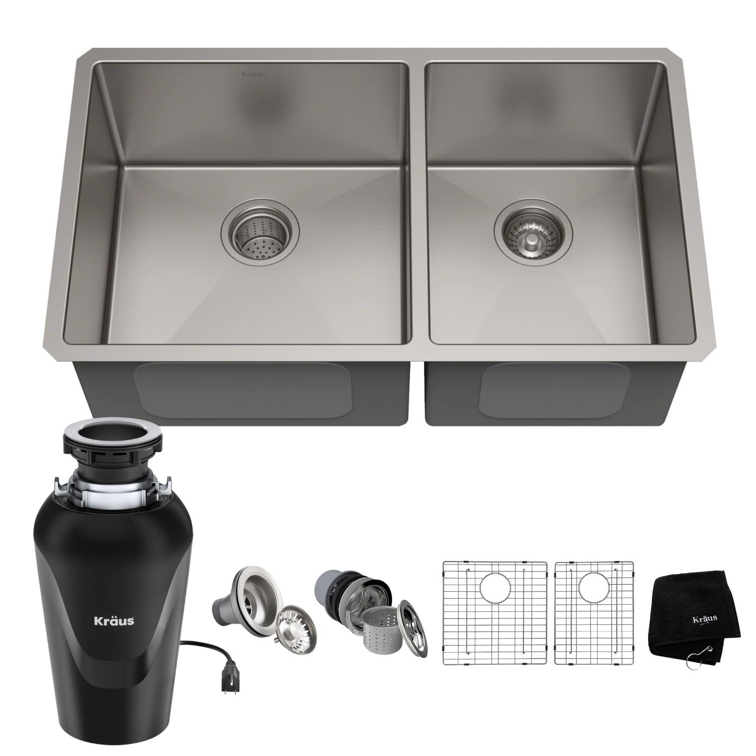 KRAUS Standart PRO™ 33-inch 16 Gauge Undermount Double Bowl Stainless Steel Kitchen Sink with WasteGuard™ Garbage Disposal - Durable 60/40 Design for Modern Kitchens (Model KHU103-33-100-75MB) | Perfect for Food Prep, Dishwashing & Entertaining