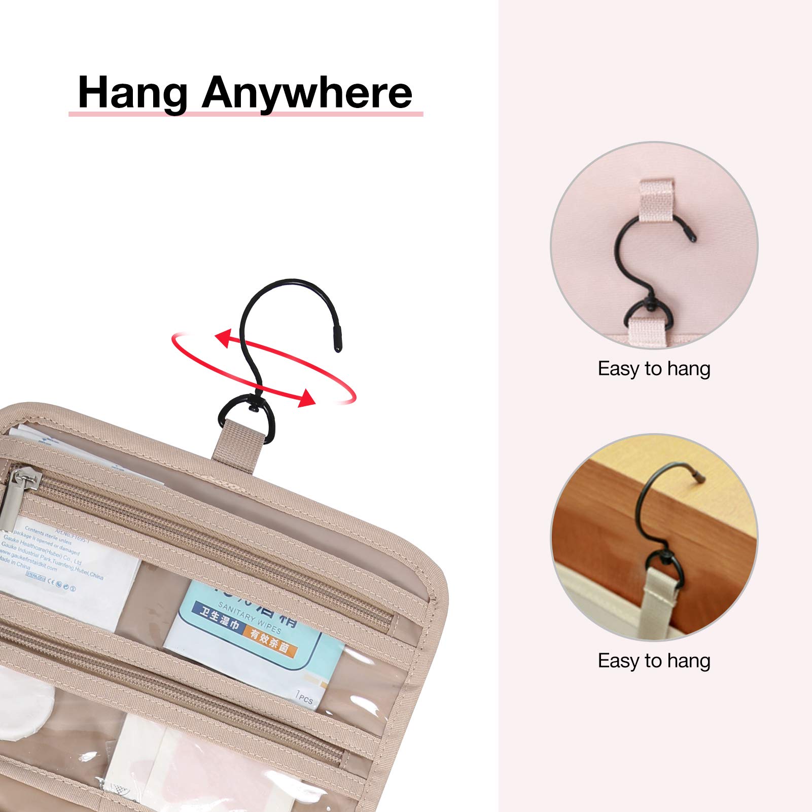 BAGSMART Hanging Toiletry Bag for Travel - TSA Approved Transparent Cosmetic Organizer with Multiple Pockets, Large Pink Makeup Bag for Full-Sized Toiletries | Perfect for Air Travel, Vacation & Daily Use