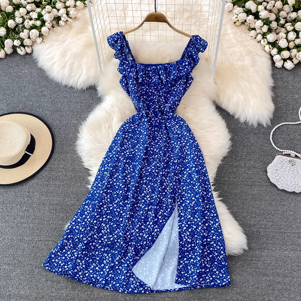 French Retro High Waist Floral Slit Long Skirt - Chiffon A-Line Dress for Women | Vintage Floral Print Summer Maxi Skirt | Perfect for Date Night, Beach Vacation & Boho Fashion Outfits
