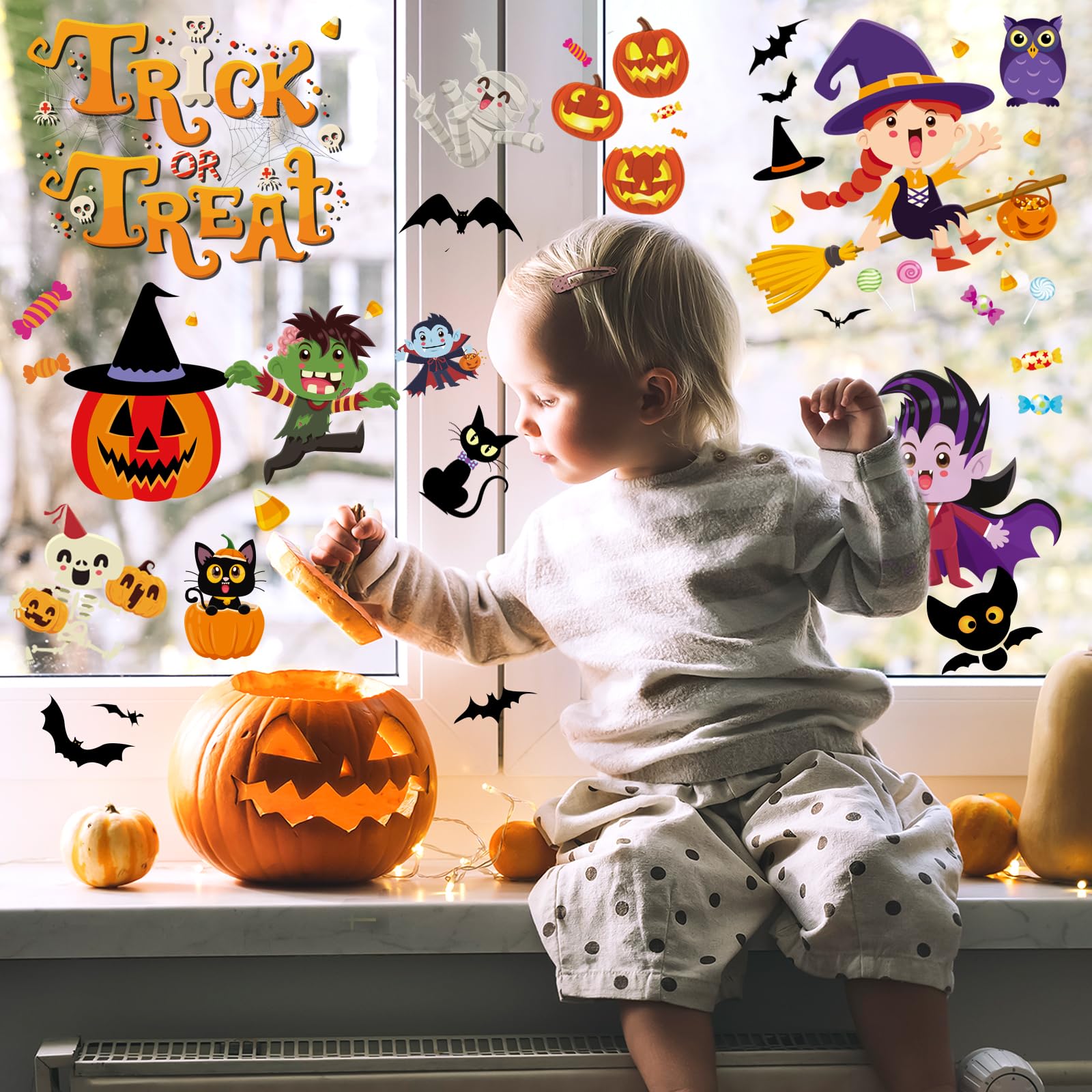 Halloween Window Clings for Kids - Cute Ghost & Pumpkin Stickers - Waterproof Decals for Home, Classroom & Party Decorations - Perfect for Windows, Mirrors & Glass Doors