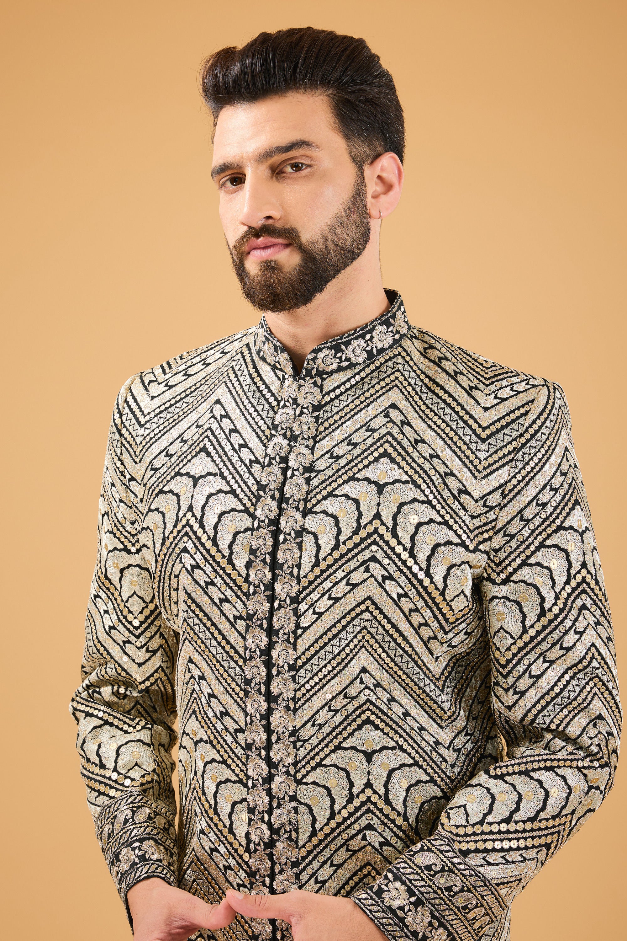 Exclusive Black Embroidered Sherwani with Intricate Zari Work - Perfect for Weddings, Festivals & Special Occasions