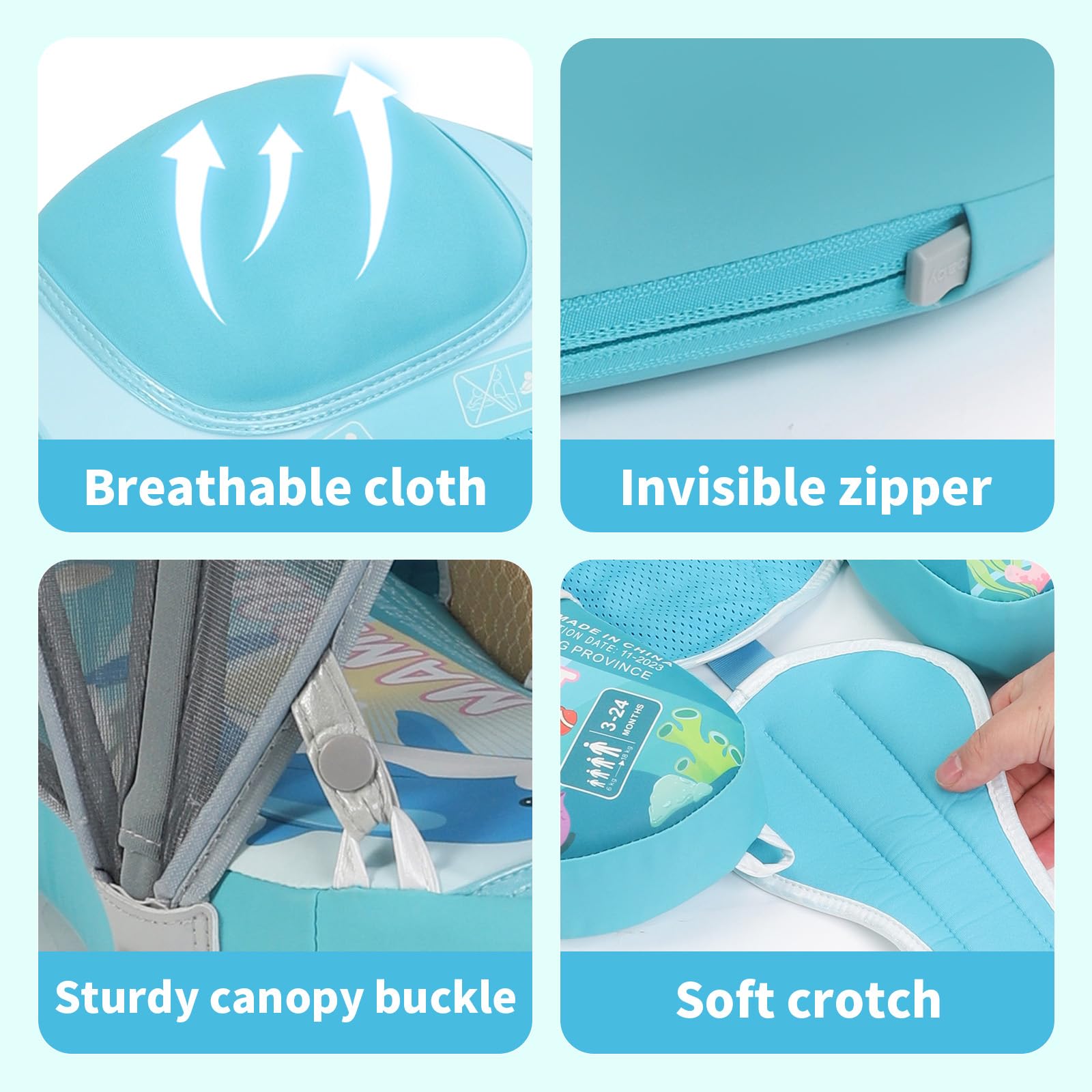 Mambobaby Baby Swim Float with Canopy & Portable Backpack - Skin-Friendly Non-Inflatable Infant Pool Float for 3-24 Months - Waterproof Smart Swim Trainer with Tail - Perfect for Beach, Pool, and Outdoor Water Activities