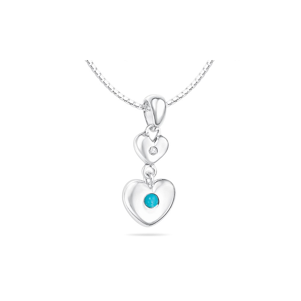 0.01 Ct Diamond & 0.04 Ct Turquoise December Birthstone Double Heart Pendant Necklace for Kids - Sterling Silver Children's Jewelry - Perfect Birthday Gift & Christmas Present for Girls