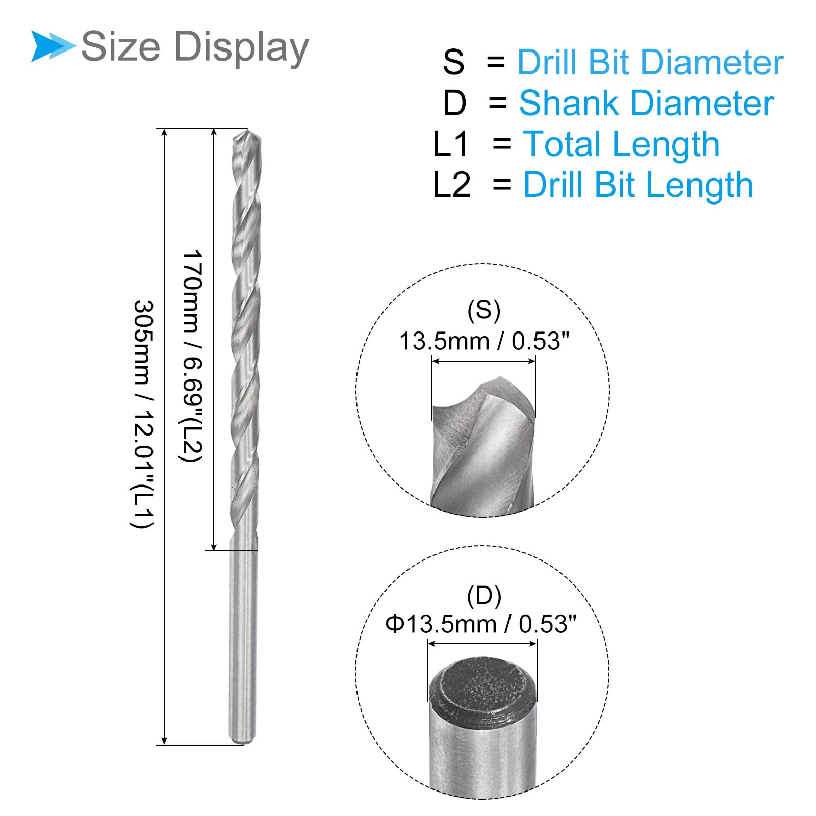 13.5mm x 305mm Extra Long High Speed Steel Twist Drill Bit for Metal, Wood & Copper - Perfect for Deep Hole Drilling in Construction, Carpentry and DIY Projects