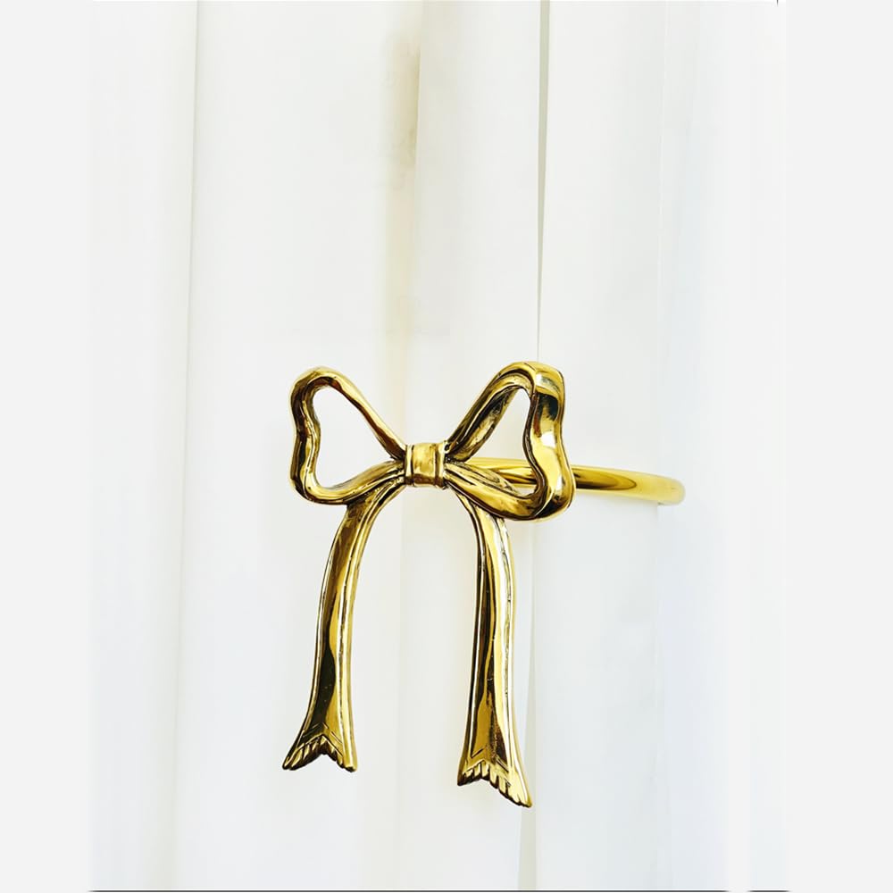 Elegant Gold Bow Curtain Tiebacks Set of 2 - Brass Curtain Holdbacks for Drapes - Decorative Wall Hook Holders for Girls Room & Living Room - Perfect for Window Treatments, Home Decor & Interior Design
