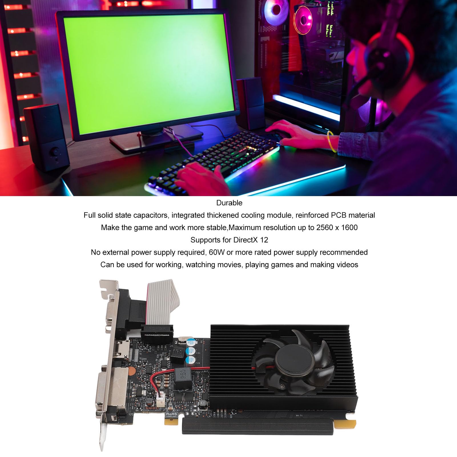 ASHATA GT 730 2GB DDR3 64Bit Low Profile Graphics Card with Fan - DirectX 12 PCIe Gaming Video Card for Desktop PC - Supports 2560x1600 Resolution & AMD - Ideal for Gaming, Video Editing, and Home Theater PCs