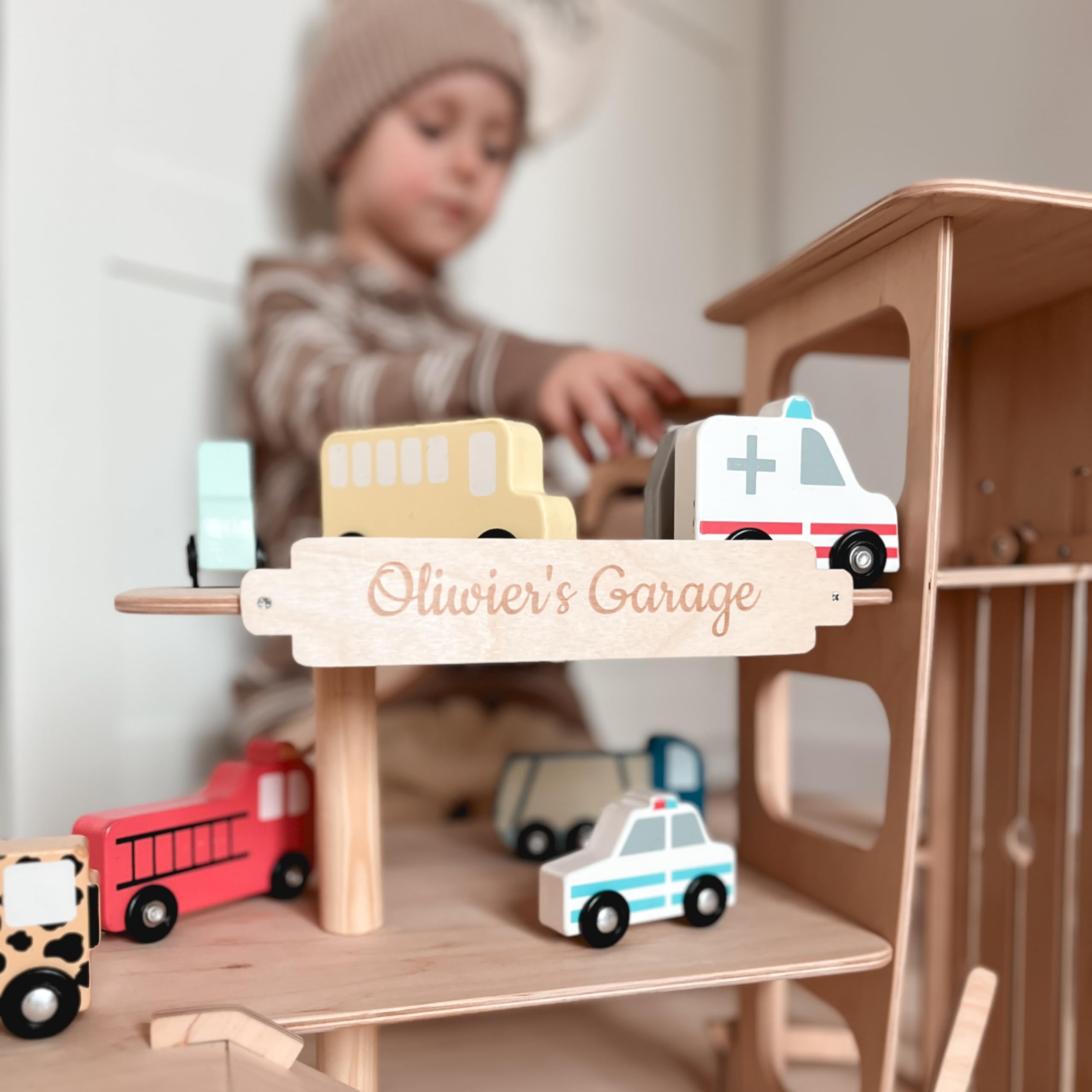 **Wooden Toy Parking Garage with Elevator - Car Storage Organizer for Hot Wheels & Mini Cars - Toddler Gift for Boys & Girls Ages 1-4 - Small Natural Wood Shelf for Playroom, Bedroom, or Daycare**